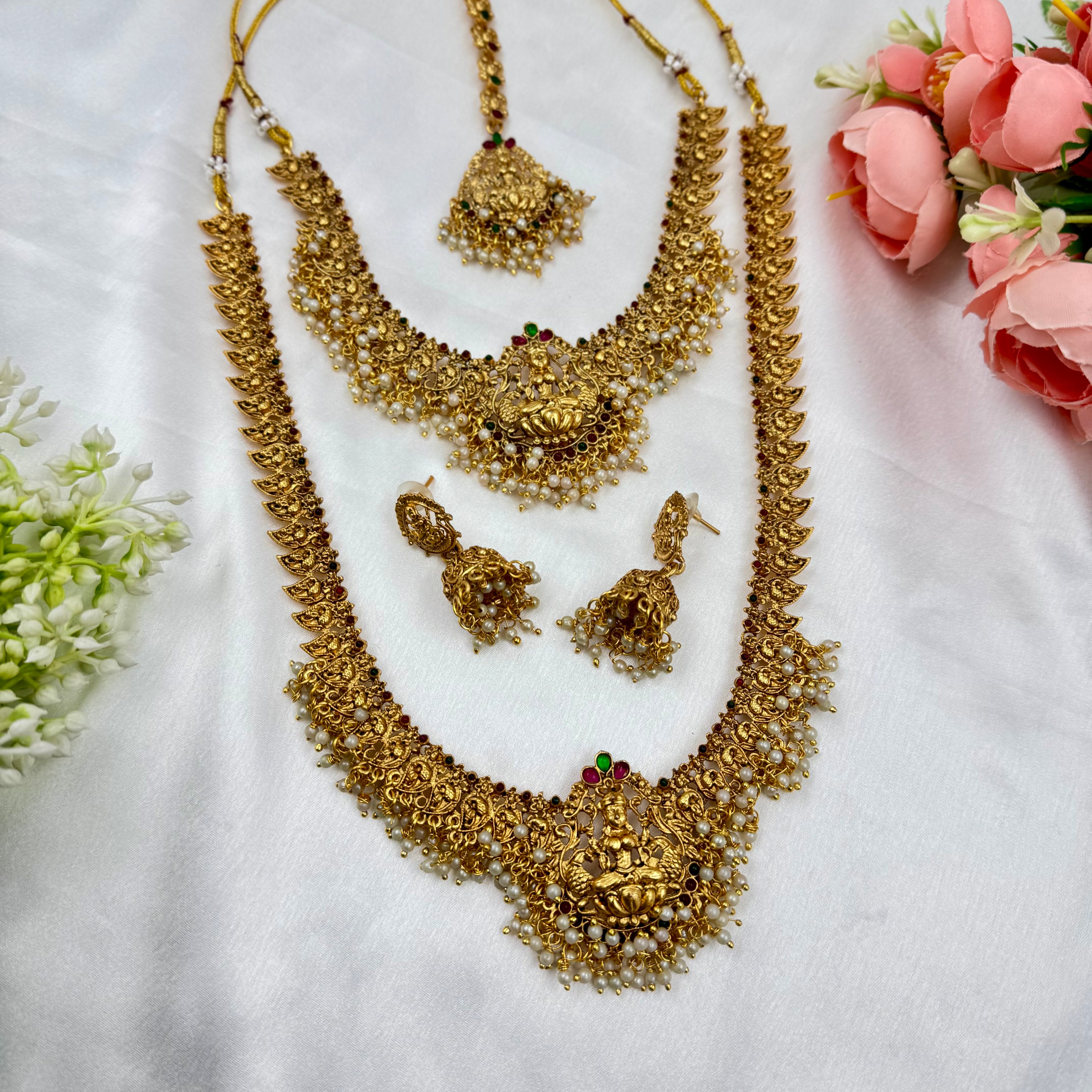 Traditional Lakshmi Temple Jewellery Set with Ruby , Green & Pearl – South Indian Bridal Collection