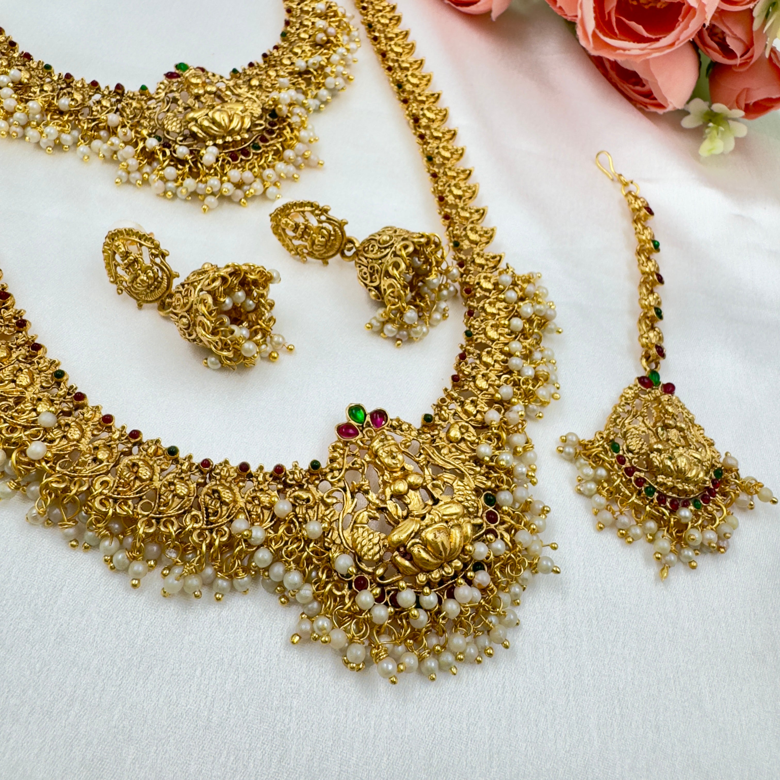 Traditional Lakshmi Temple Jewellery Set with Ruby , Green & Pearl – South Indian Bridal Collection