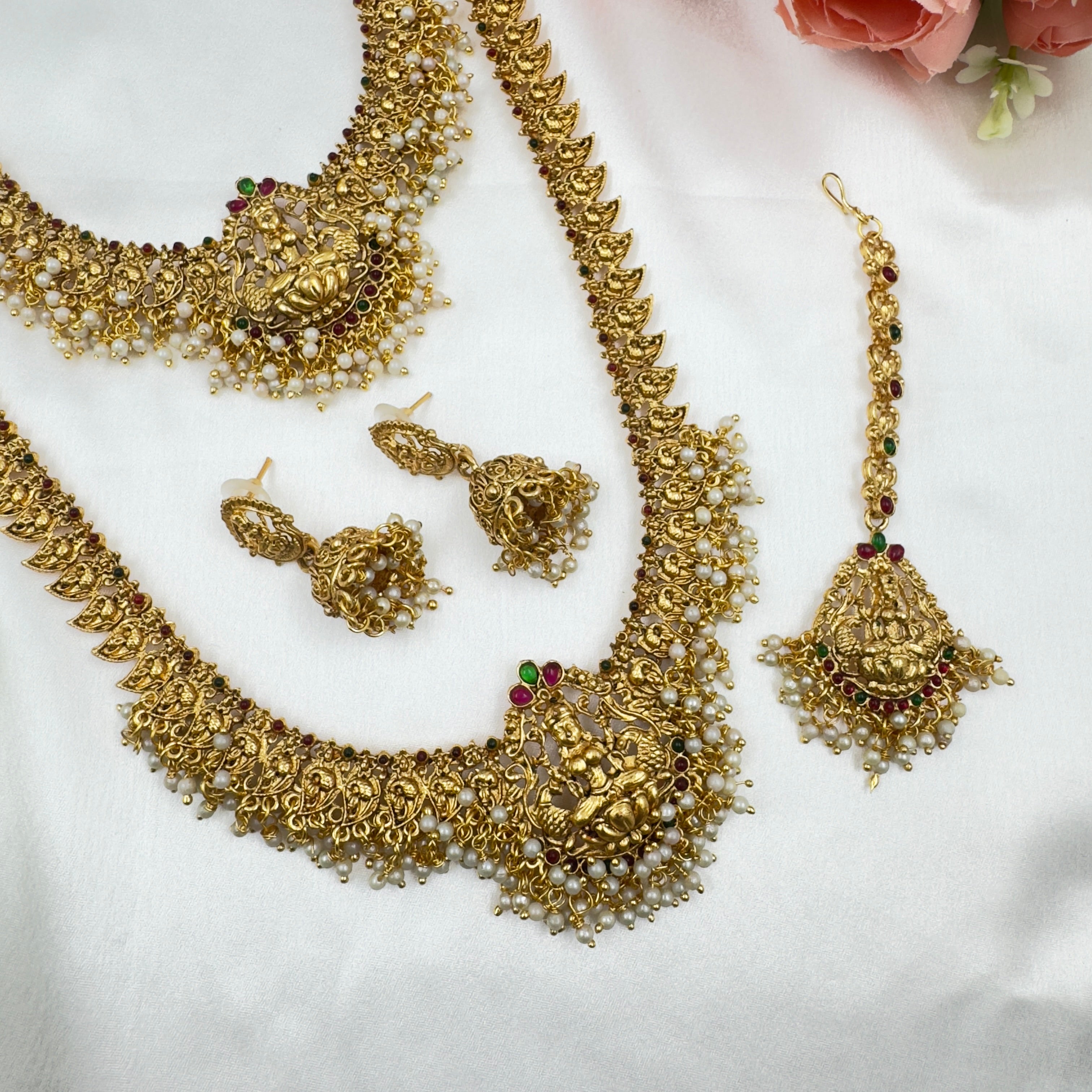 Traditional Lakshmi Temple Jewellery Set with Ruby , Green & Pearl – South Indian Bridal Collection
