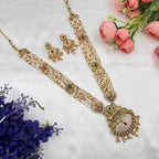 Crystal Moti Long Necklace with Antique Gold Pendant