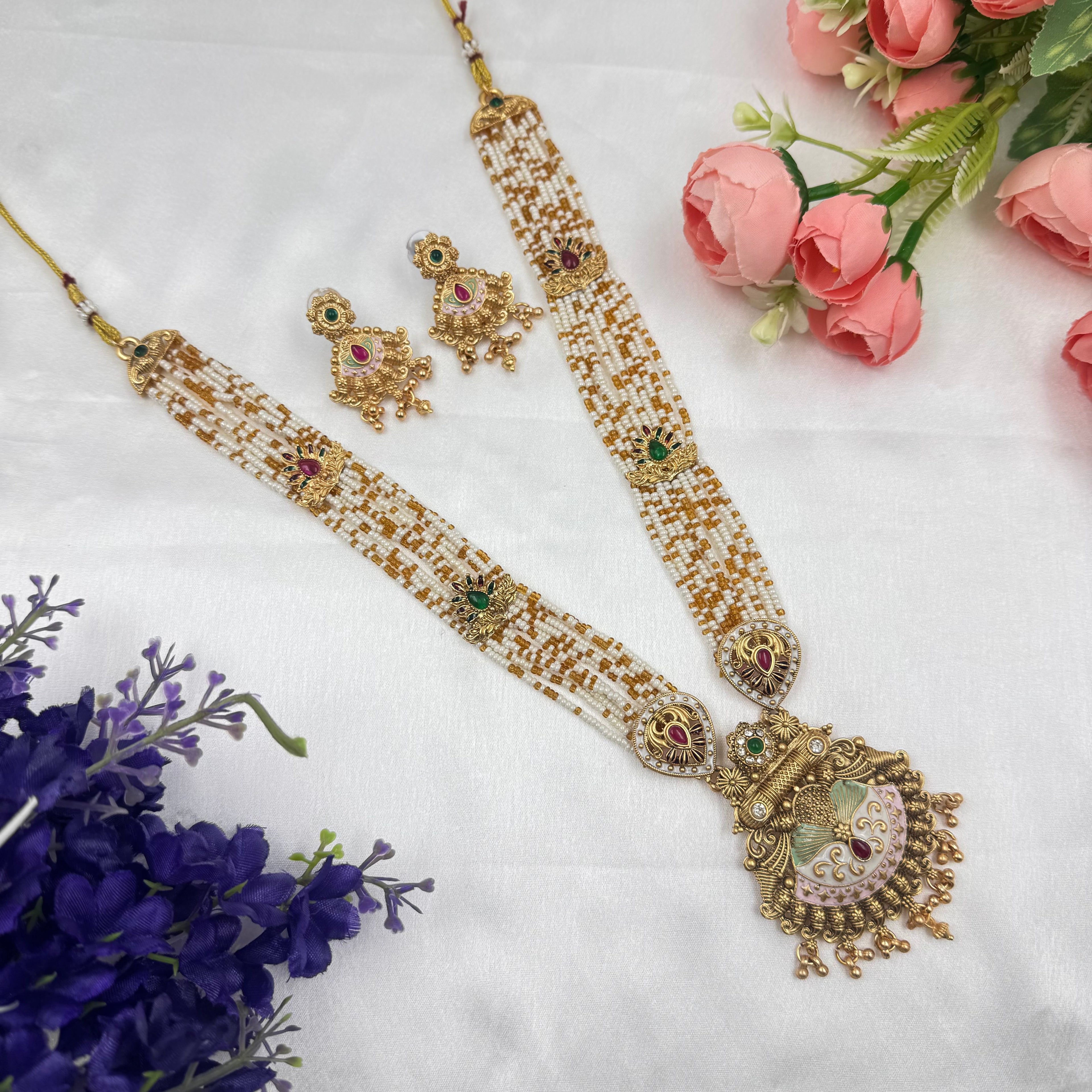 Crystal Moti Long Necklace with Antique Gold Pendant