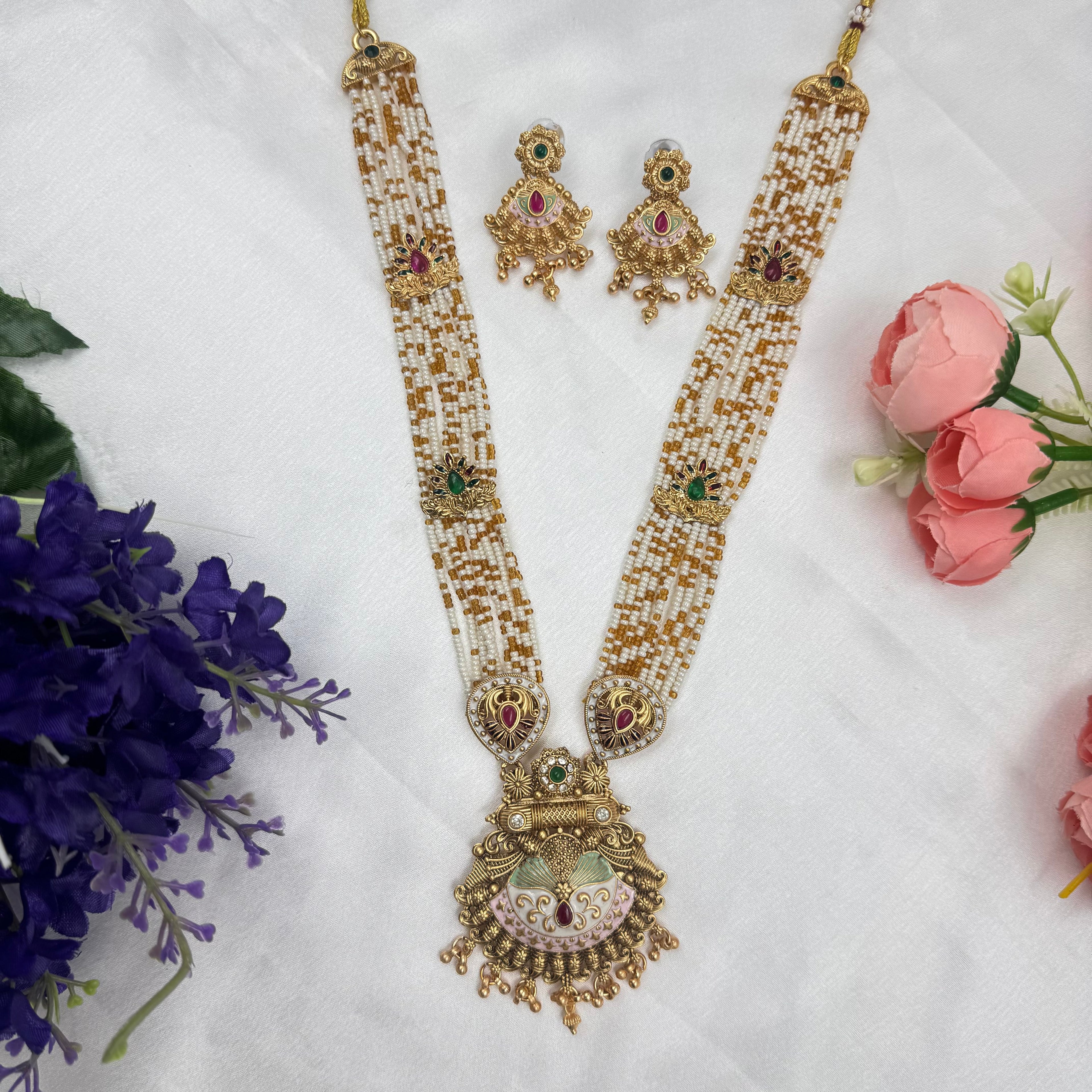 Crystal Moti Long Necklace with Antique Gold Pendant