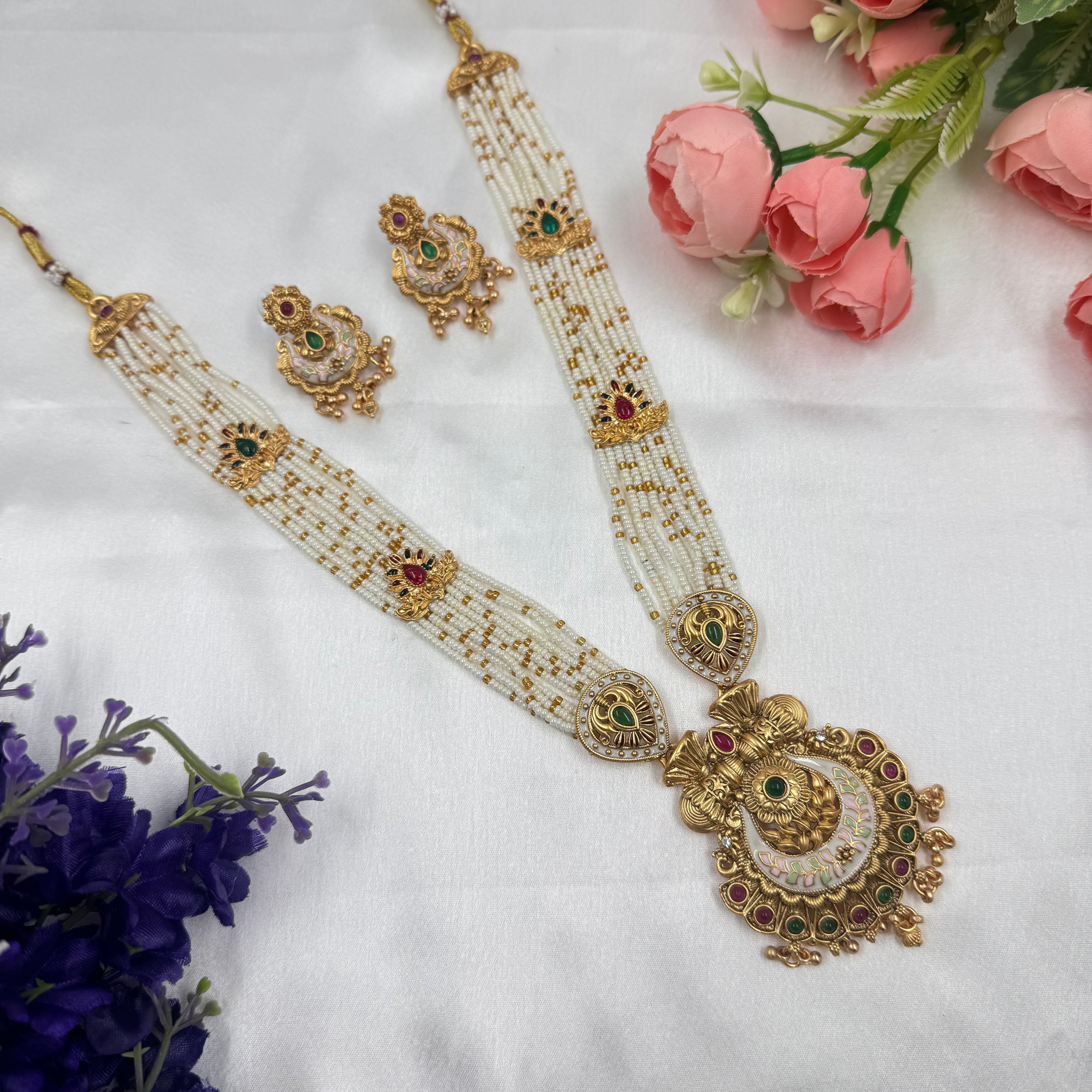 Traditional Pearl Beaded Moti Long Necklace with Kundan & Antique Finish Pendant