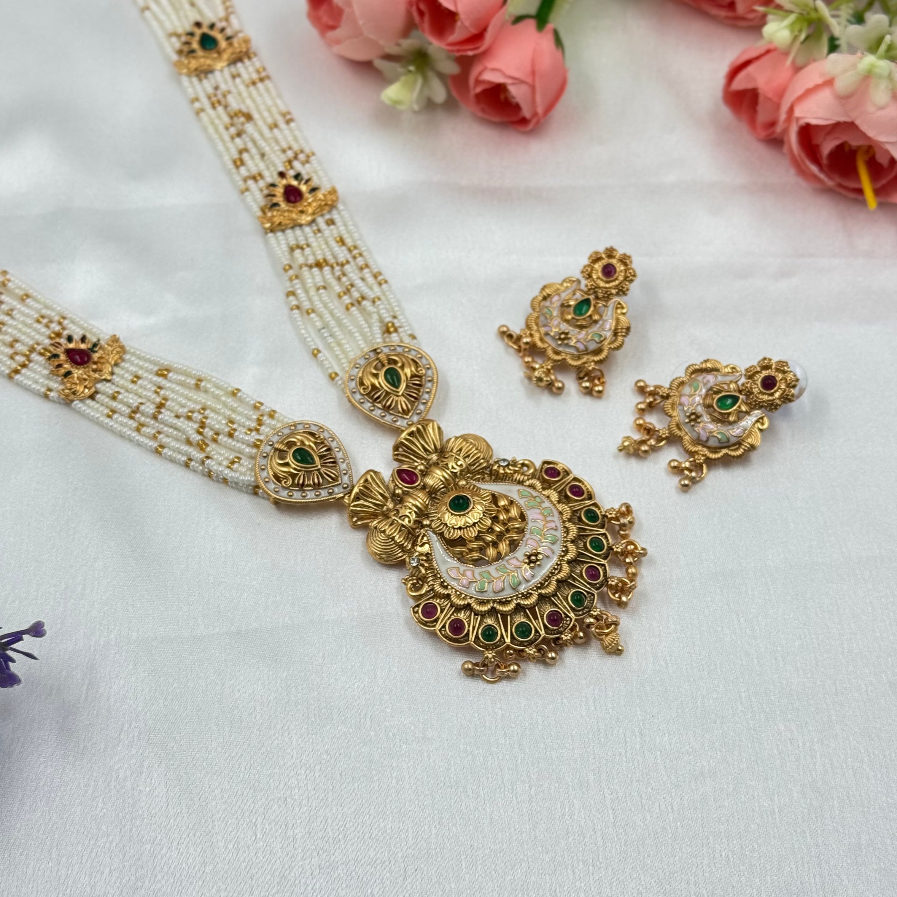 Traditional Pearl Beaded Moti Long Necklace with Kundan & Antique Finish Pendant