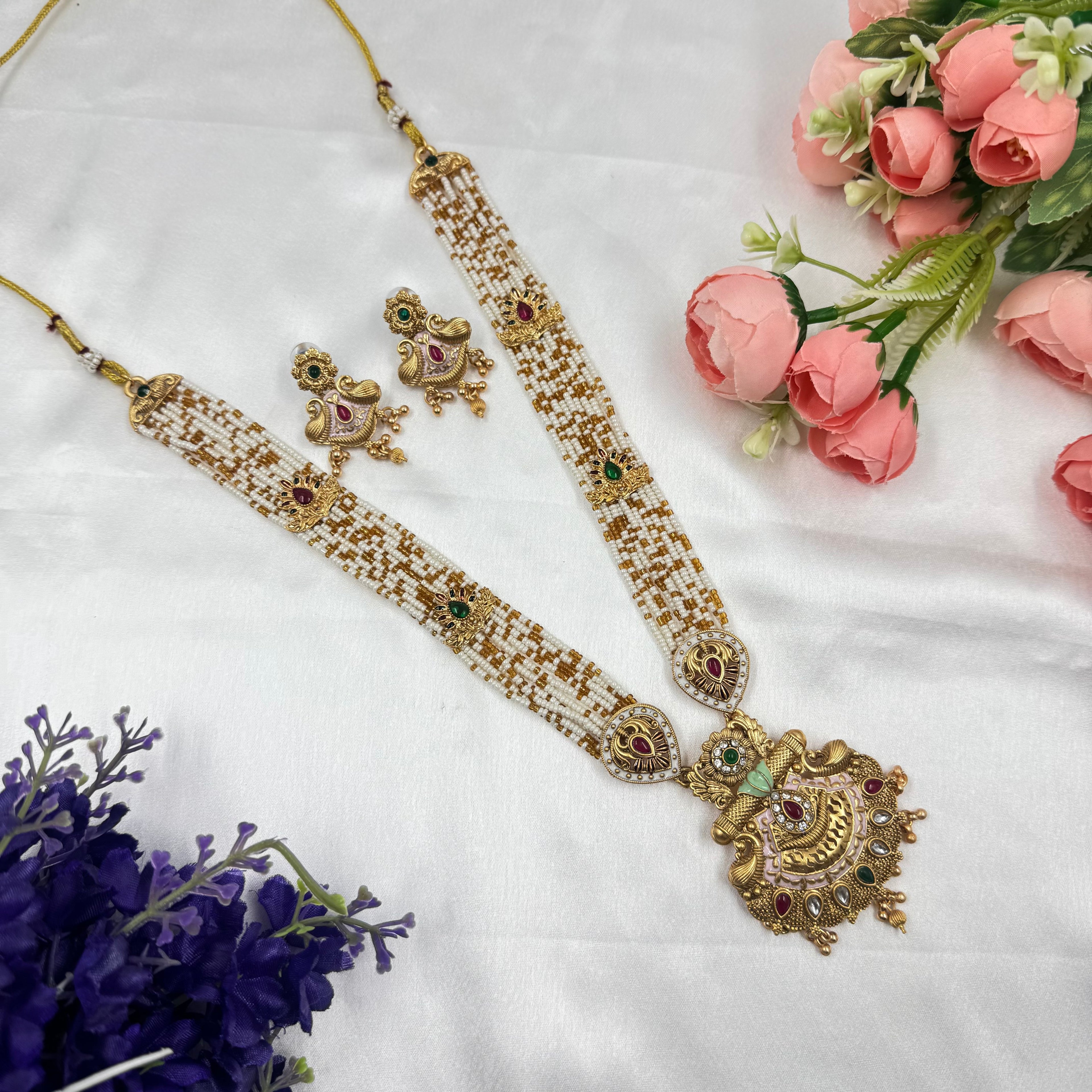 Temple Inspired Crystal Moti Mala Necklace Set with Gold Pendant & Earrings