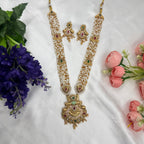 Temple Inspired Crystal Moti Mala Necklace Set with Gold Pendant & Earrings