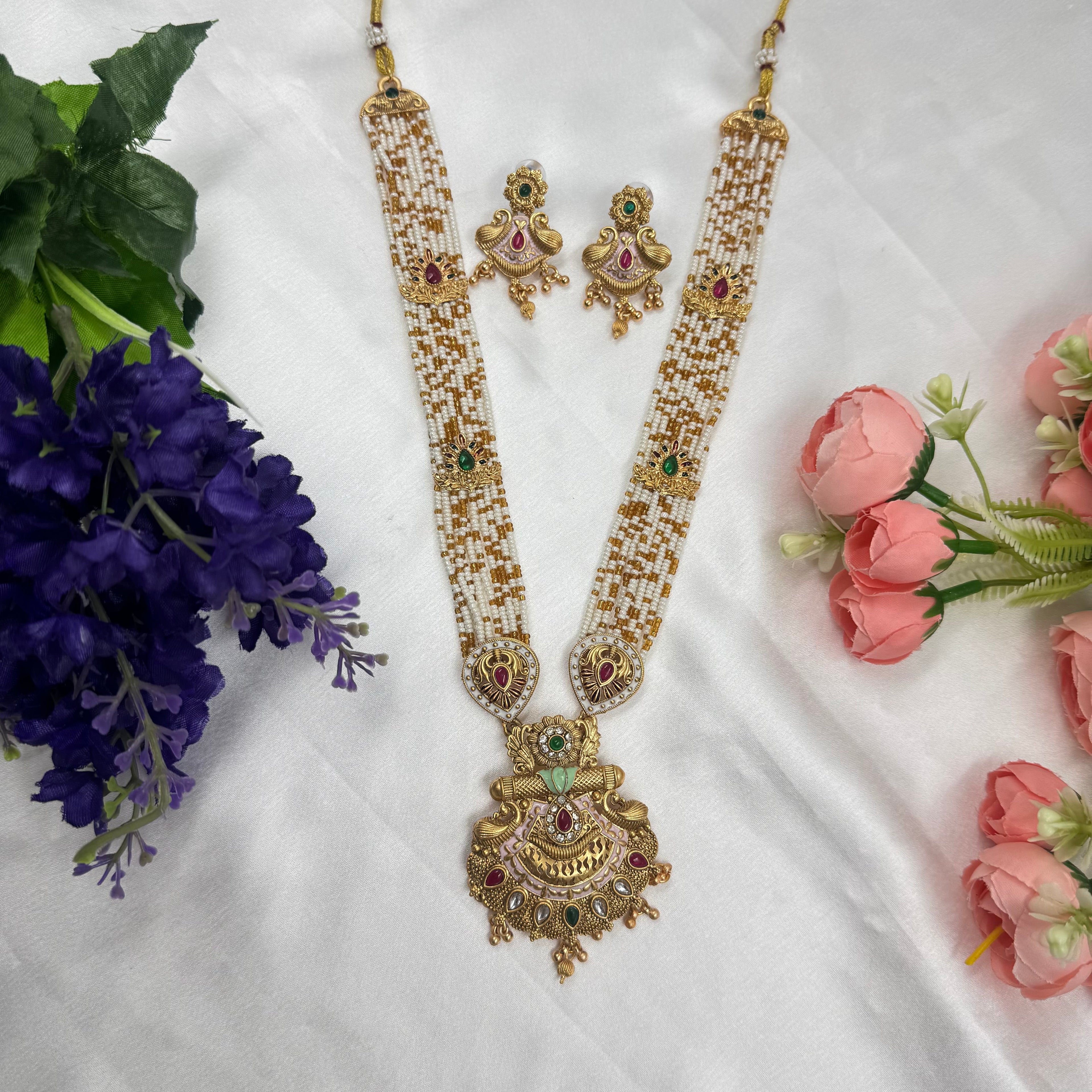 Temple Inspired Crystal Moti Mala Necklace Set with Gold Pendant & Earrings