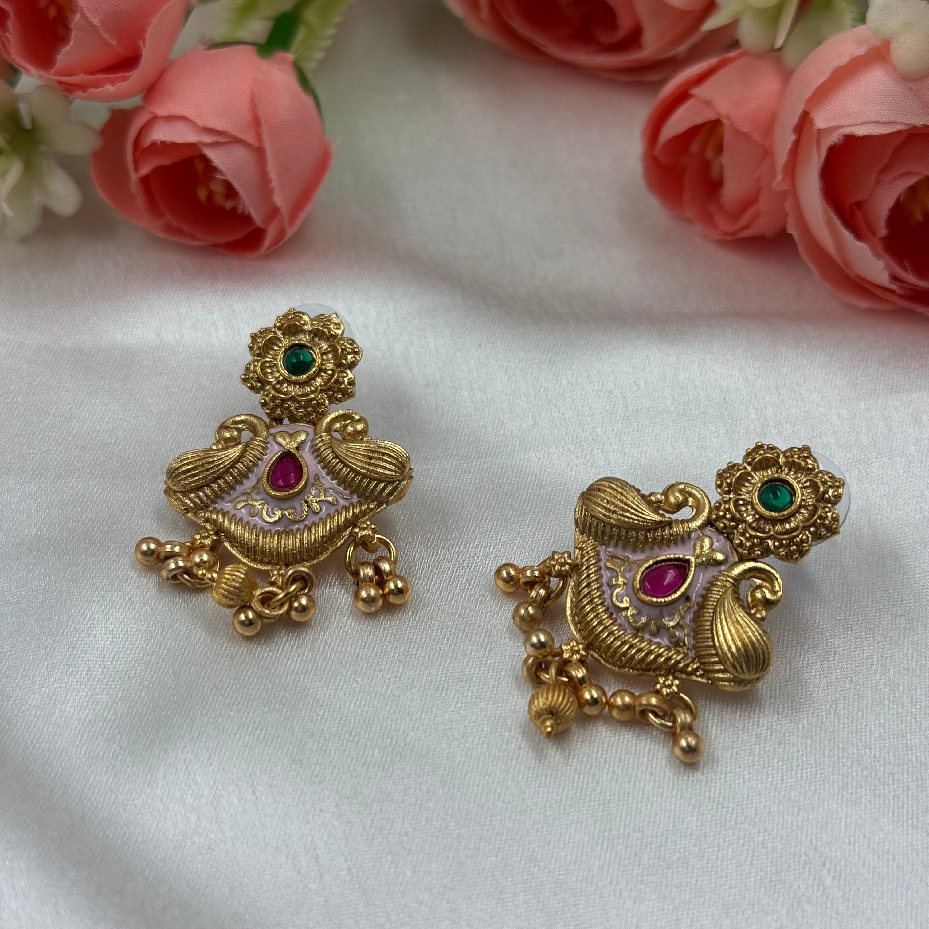 Temple Inspired Crystal Moti Mala Necklace Set with Gold Pendant & Earrings