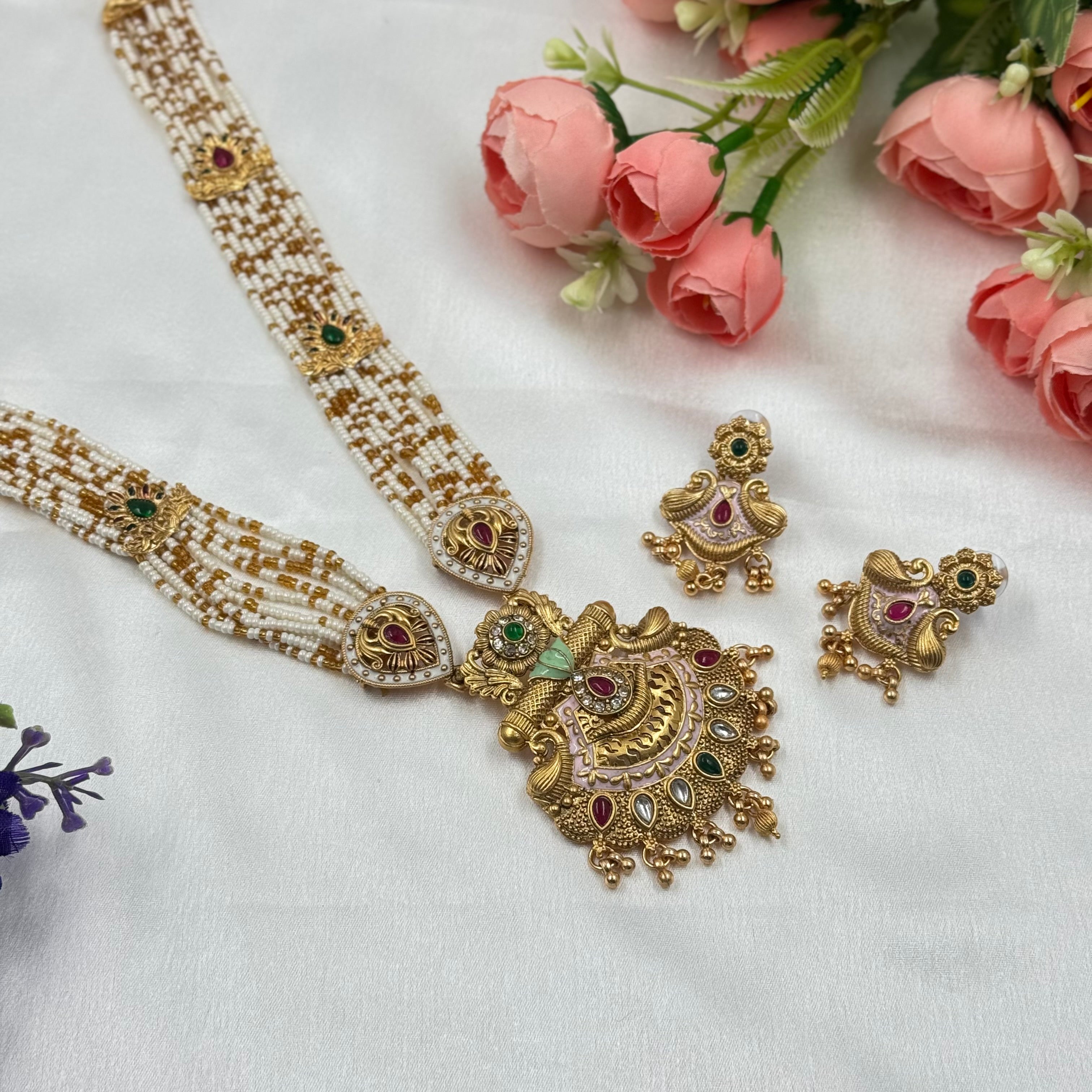 Temple Inspired Crystal Moti Mala Necklace Set with Gold Pendant & Earrings