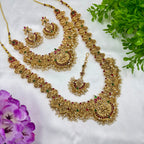 Temple Lakshmi Necklace Set with Ruby & Green Stones – Traditional South Indian Bridal Jewellery