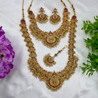 Temple Lakshmi Necklace Set with Ruby & Green Stones – Traditional South Indian Bridal Jewellery