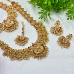 Temple Lakshmi Necklace Set with Ruby & Green Stones – Traditional South Indian Bridal Jewellery