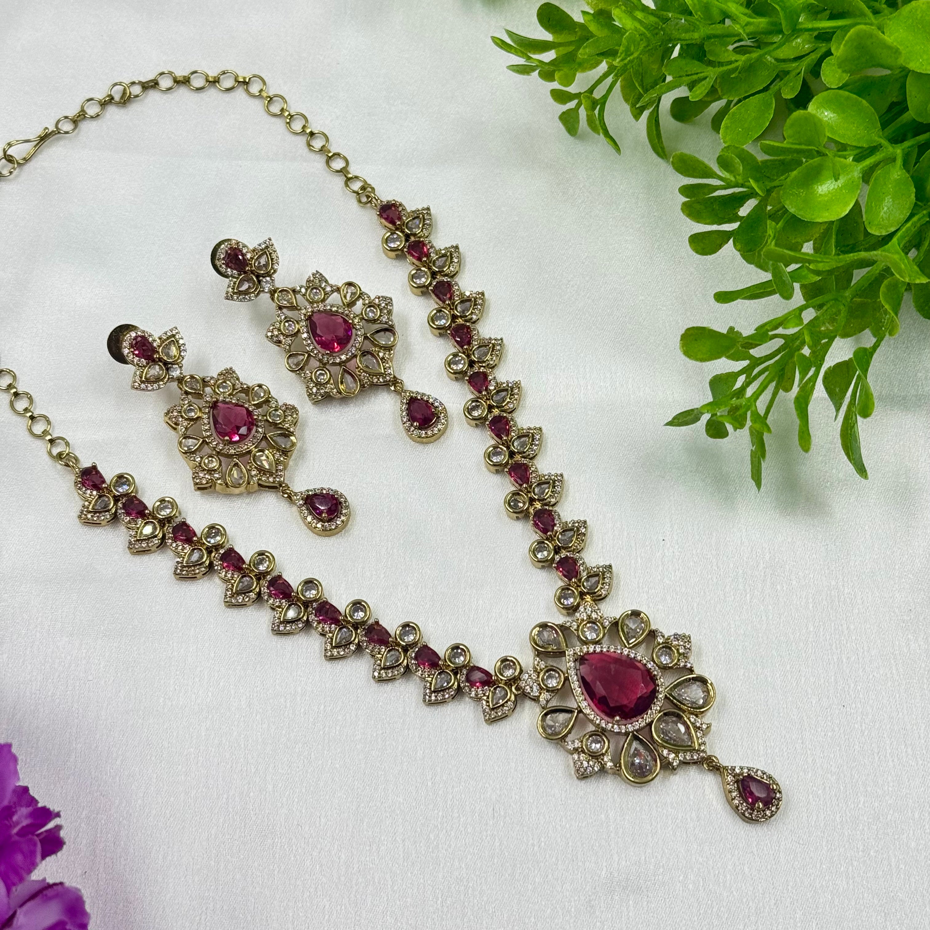 Victorian Ruby Necklace Set with Antique Polki & Pearl Drops – Traditional Bridal Jewellery