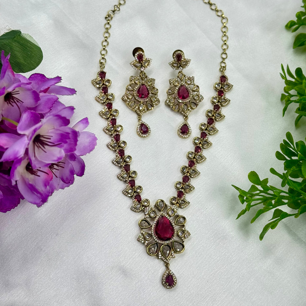 Victorian Ruby Necklace Set with Antique Polki & Pearl Drops – Traditional Bridal Jewellery