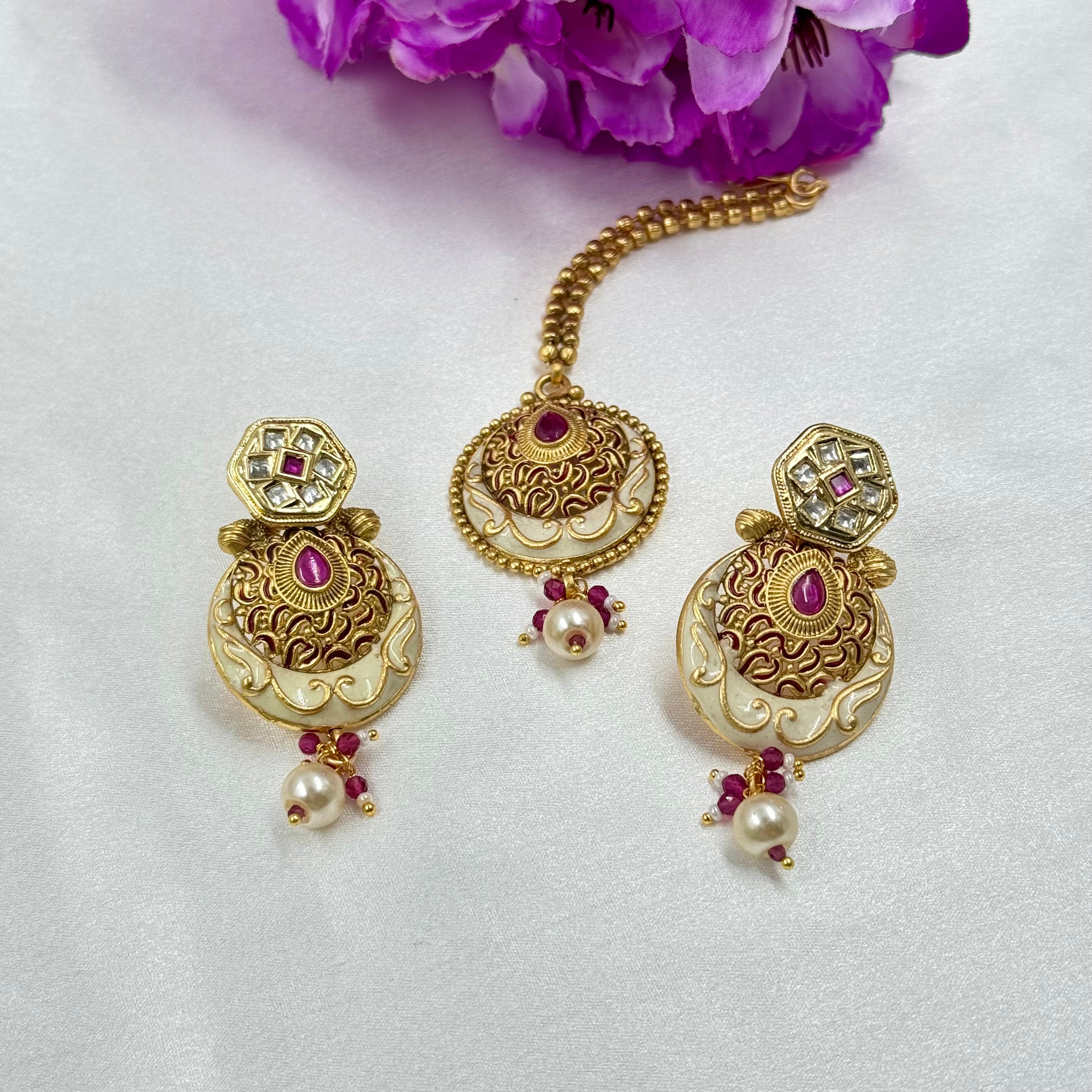 Rajwadi Ruby Stone Necklace Set with Antique Gold Finish – Traditional Bridal Jewellery