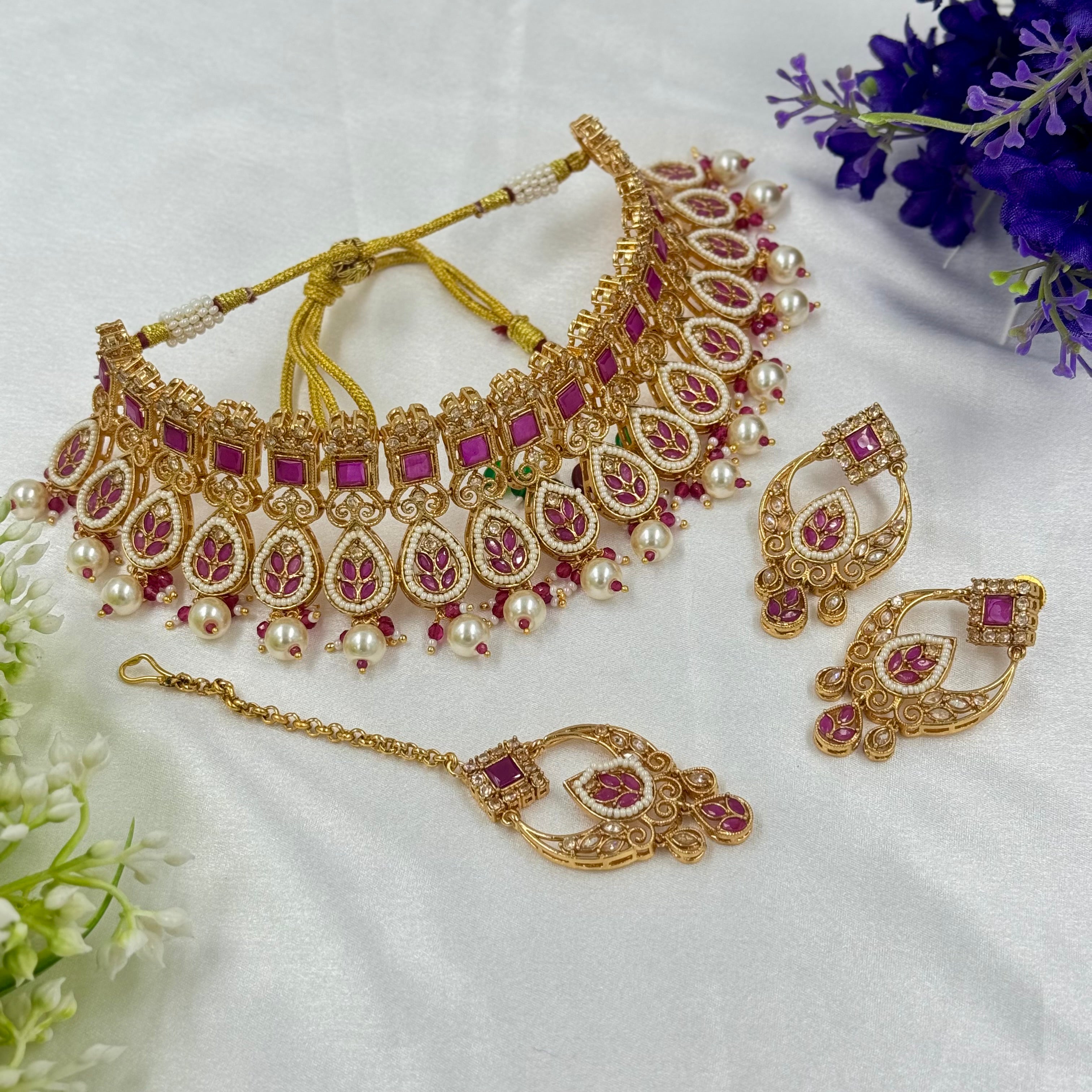 Ruby Bridal Choker Necklace with Pearl Drops – Ethnic Wedding Jewellery