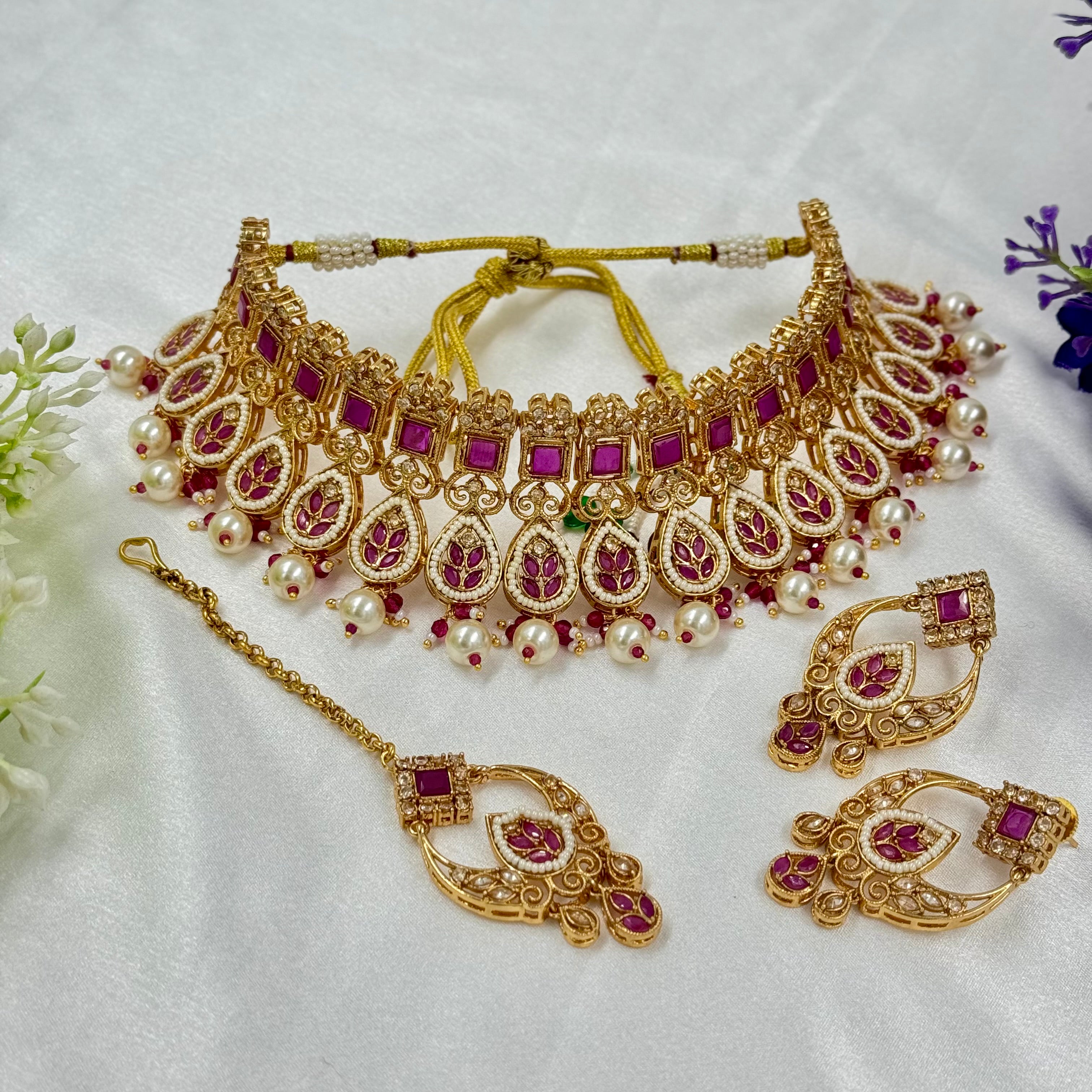 Ruby Bridal Choker Necklace with Pearl Drops – Ethnic Wedding Jewellery