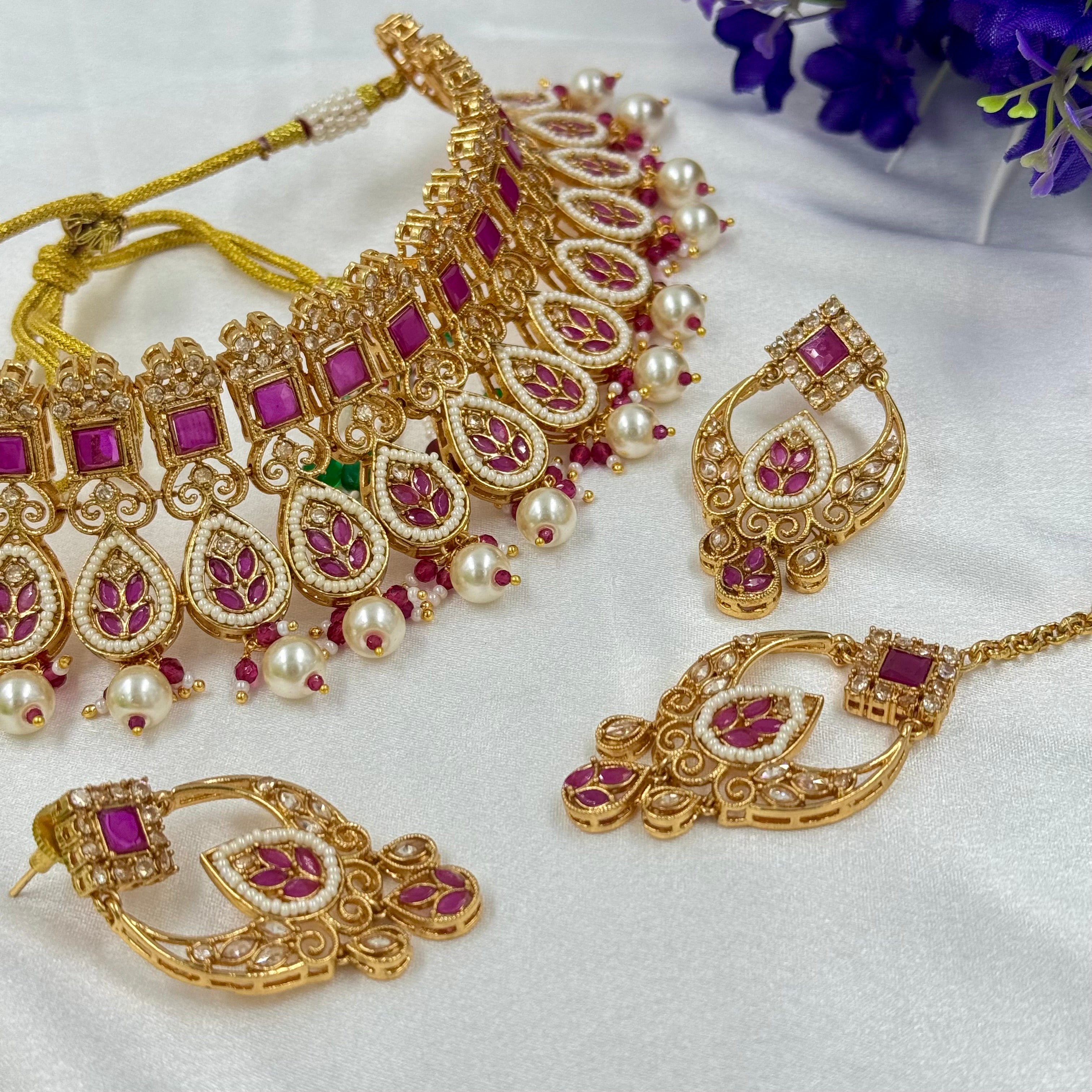 Ruby Bridal Choker Necklace with Pearl Drops – Ethnic Wedding Jewellery