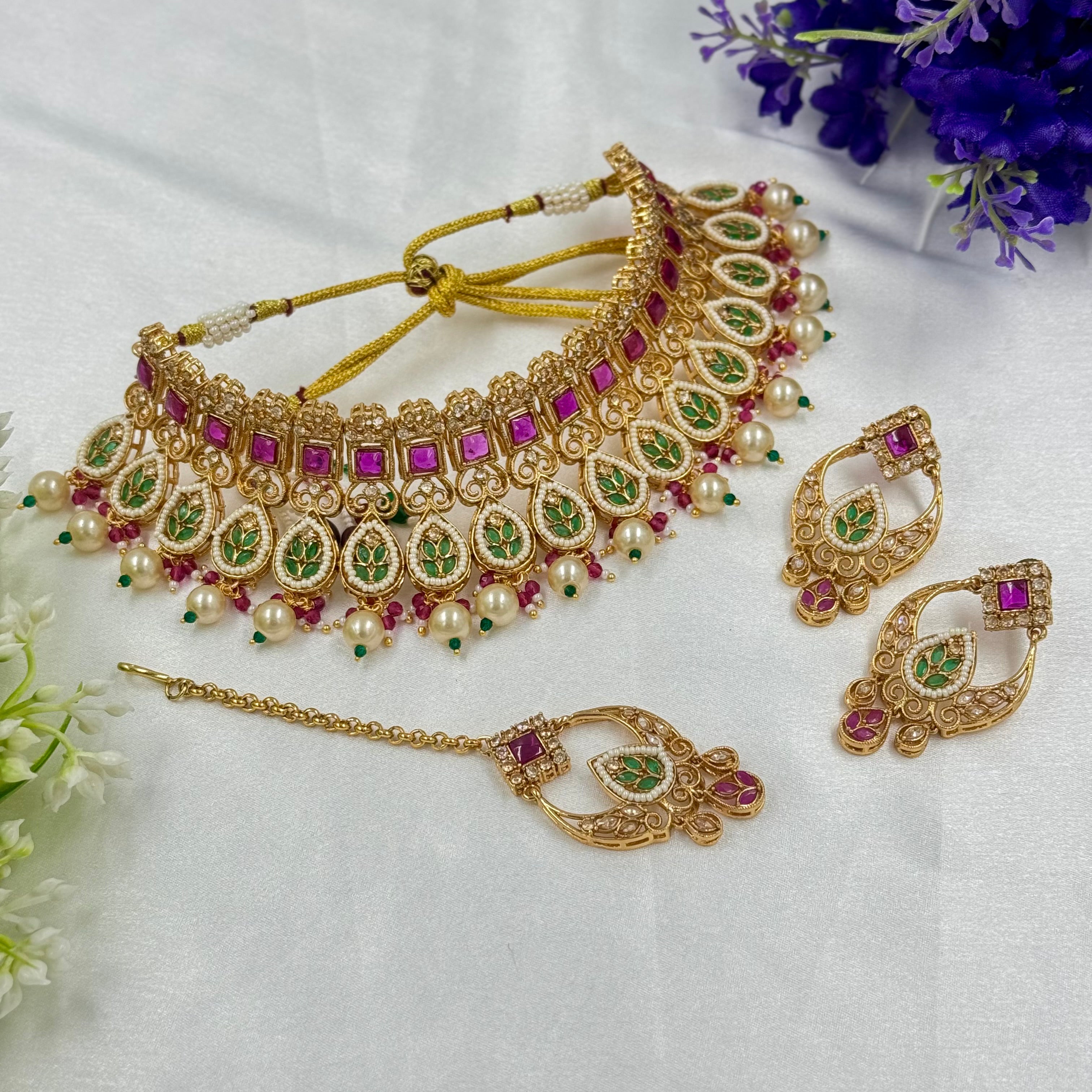 Ruby & Emerald Bridal Choker Necklace with Pearls – Royal Wedding Jewellery
