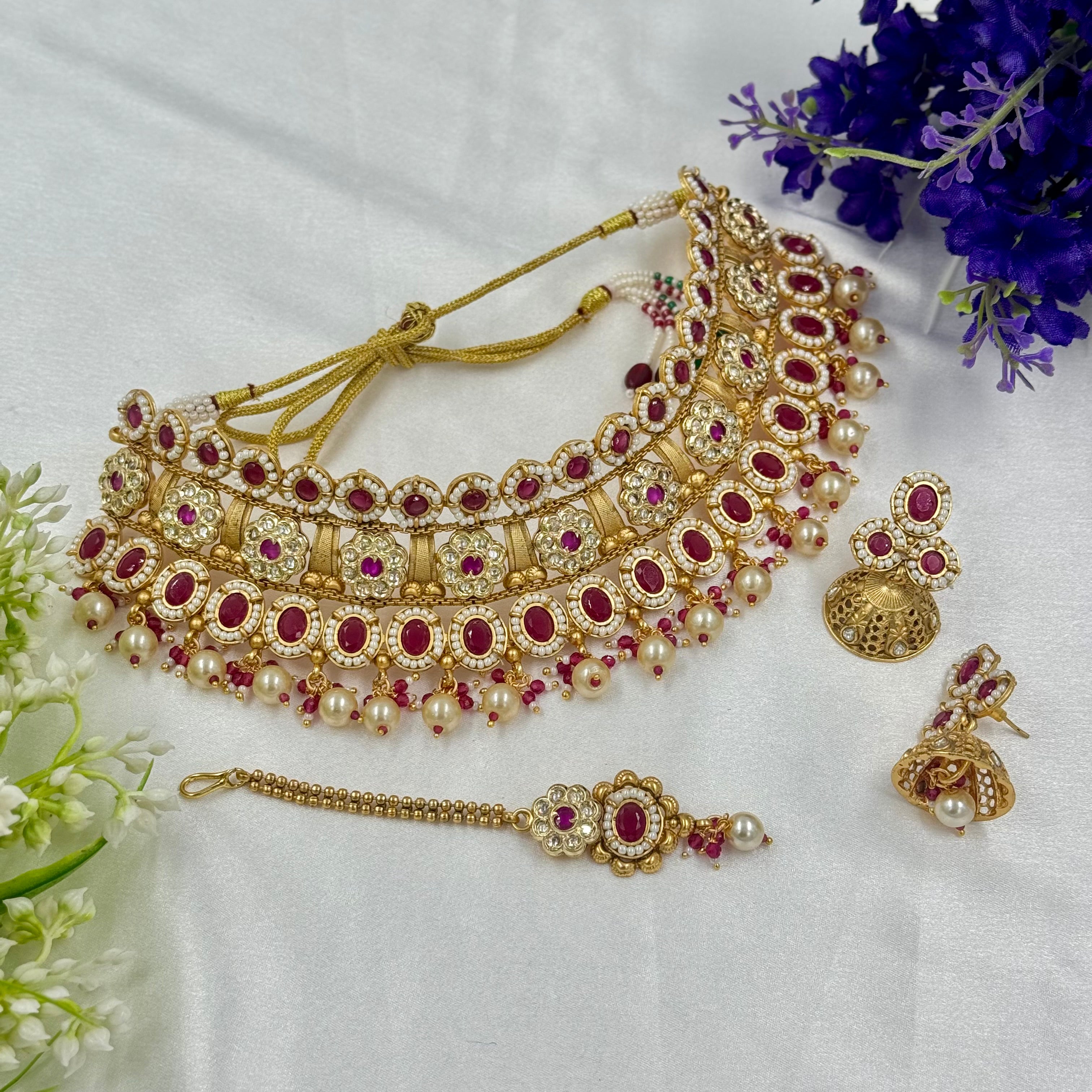 Antique Ruby Bridal Choker Necklace with Jhumka Earrings – Heritage Jewellery