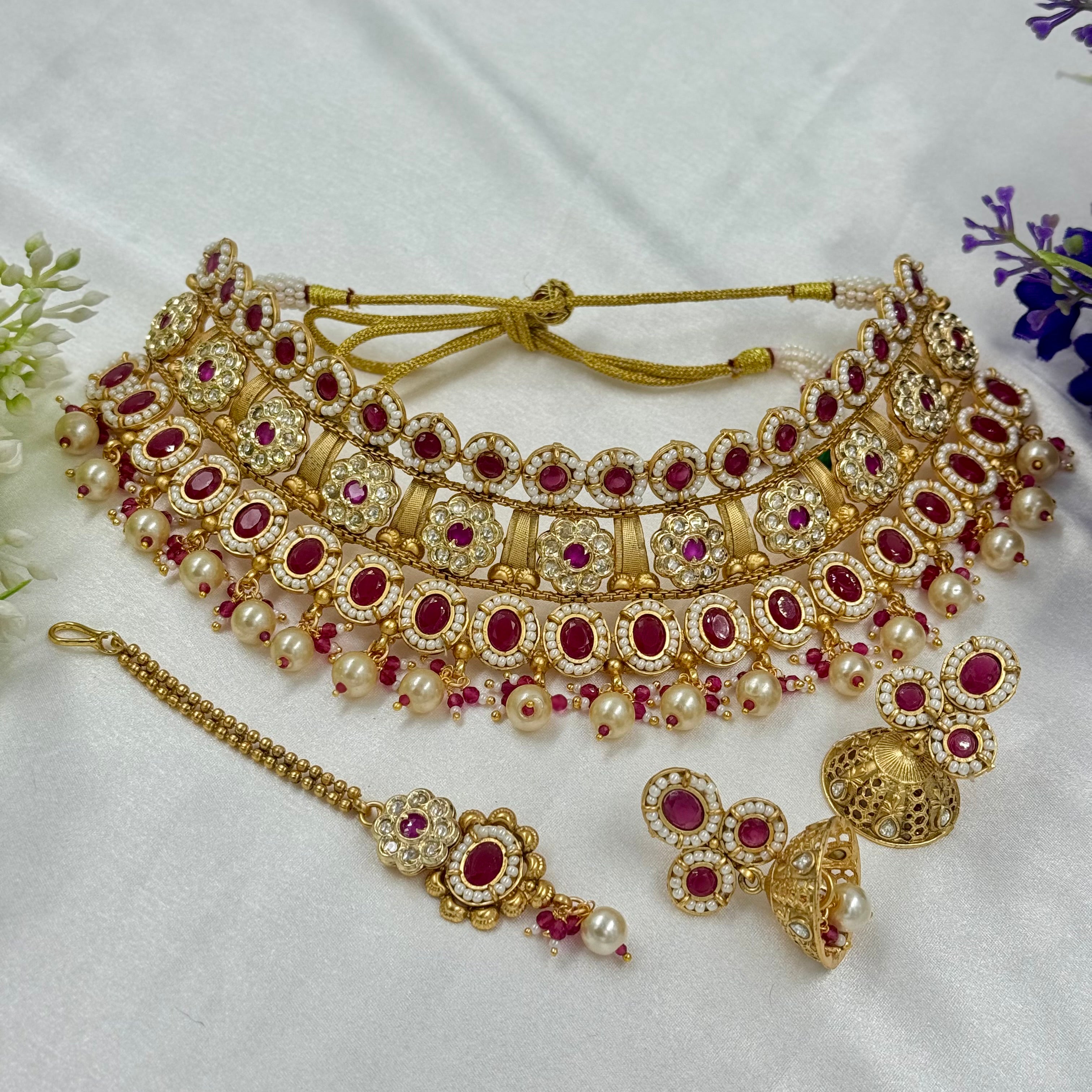 Antique Ruby Bridal Choker Necklace with Jhumka Earrings – Heritage Jewellery