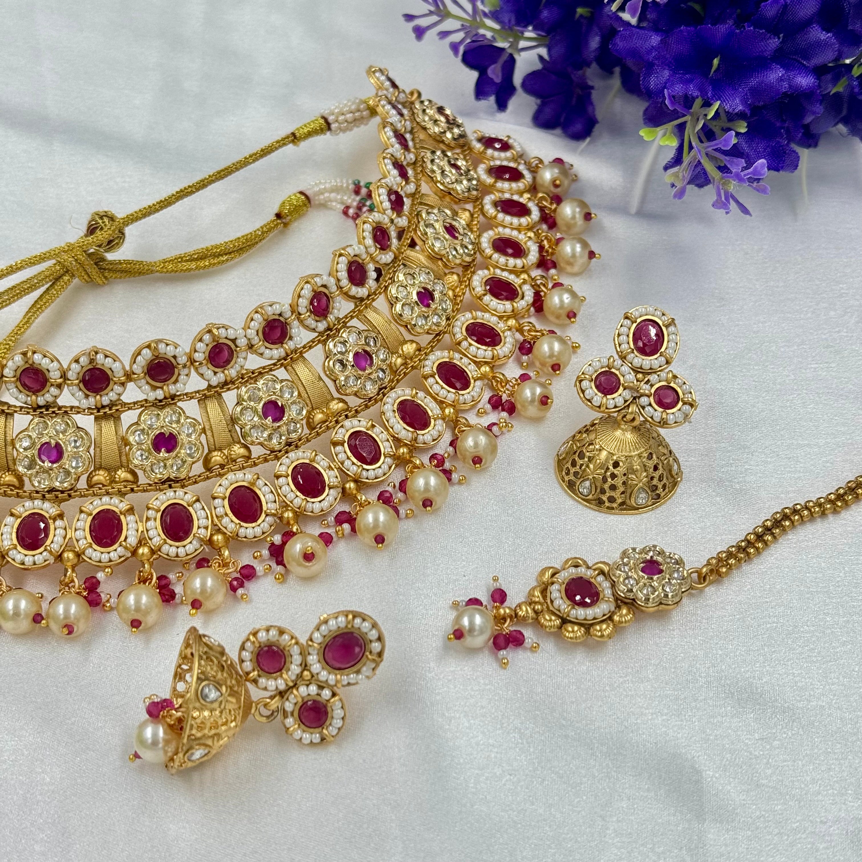 Antique Ruby Bridal Choker Necklace with Jhumka Earrings – Heritage Jewellery