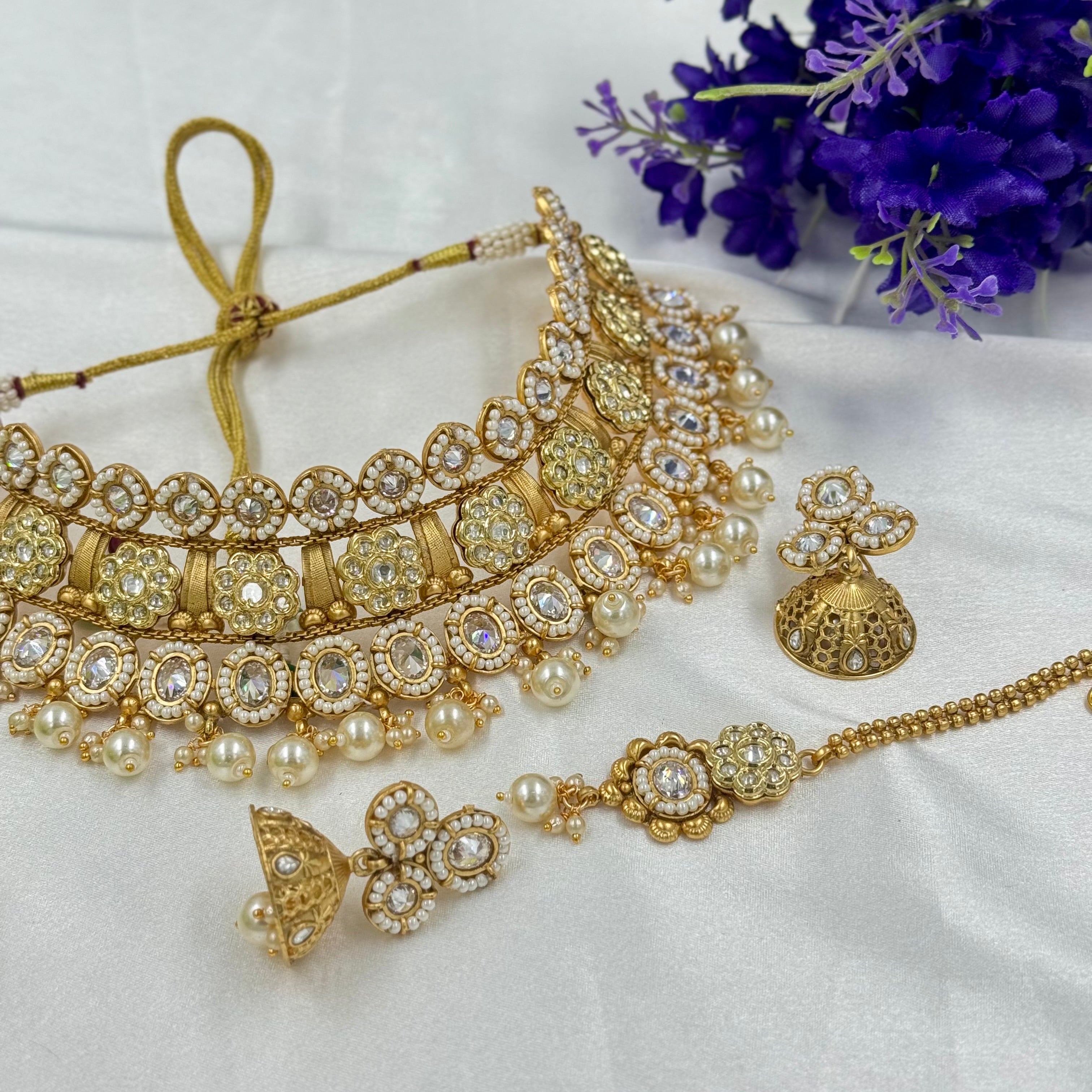 Polki Bridal Choker Necklace with Pearls – Traditional Wedding Jewellery