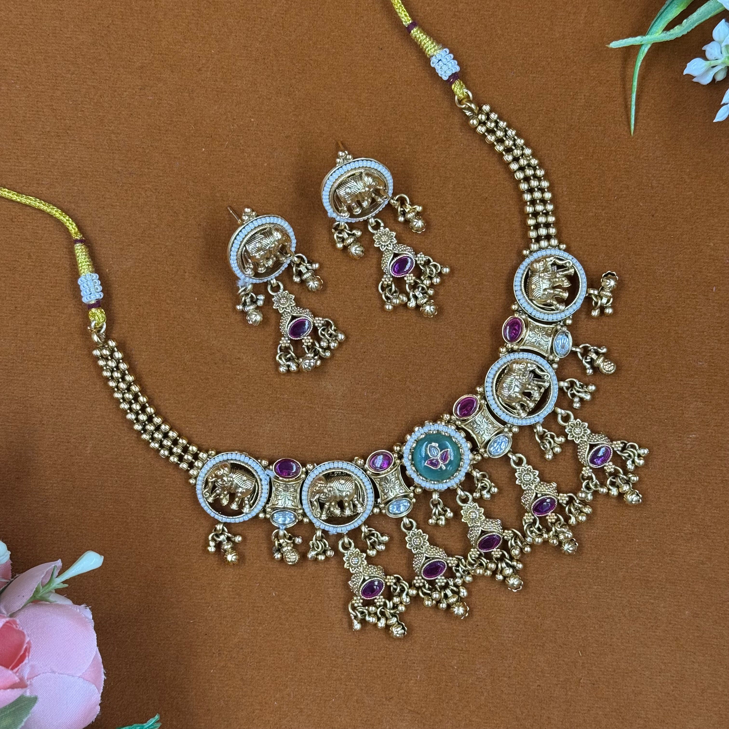 Antique Elephant Motif Polki Necklace Set
