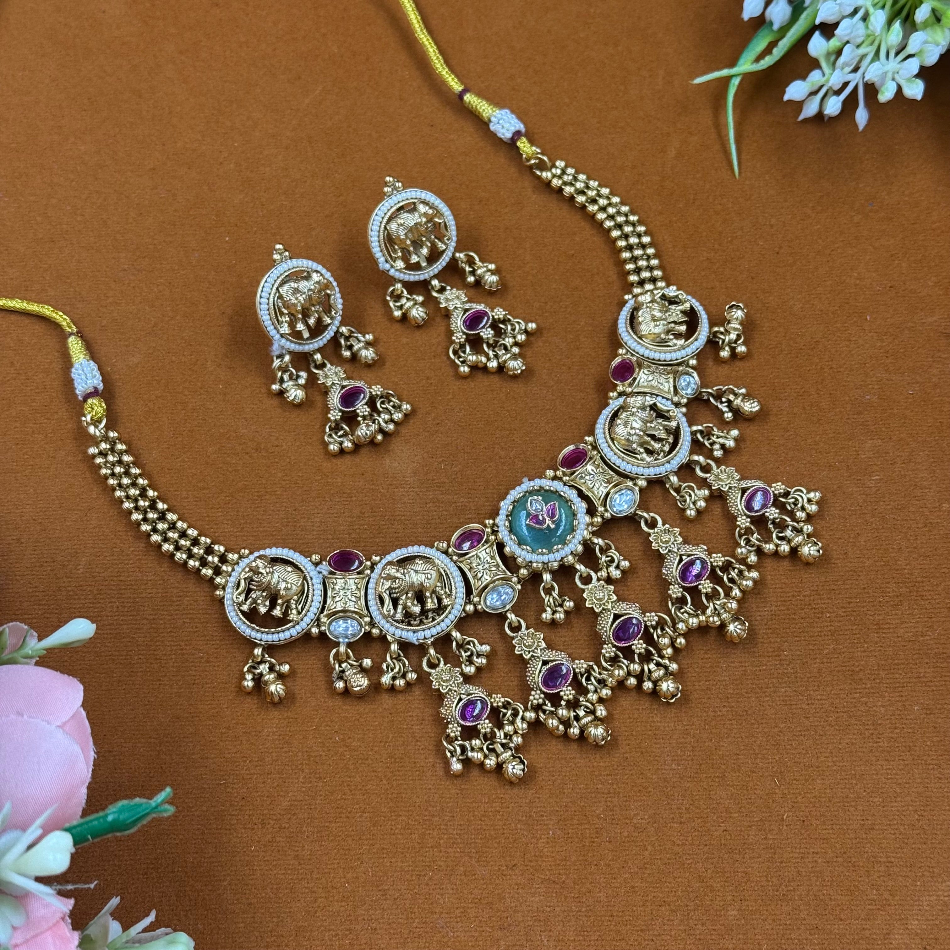 Antique Elephant Motif Polki Necklace Set