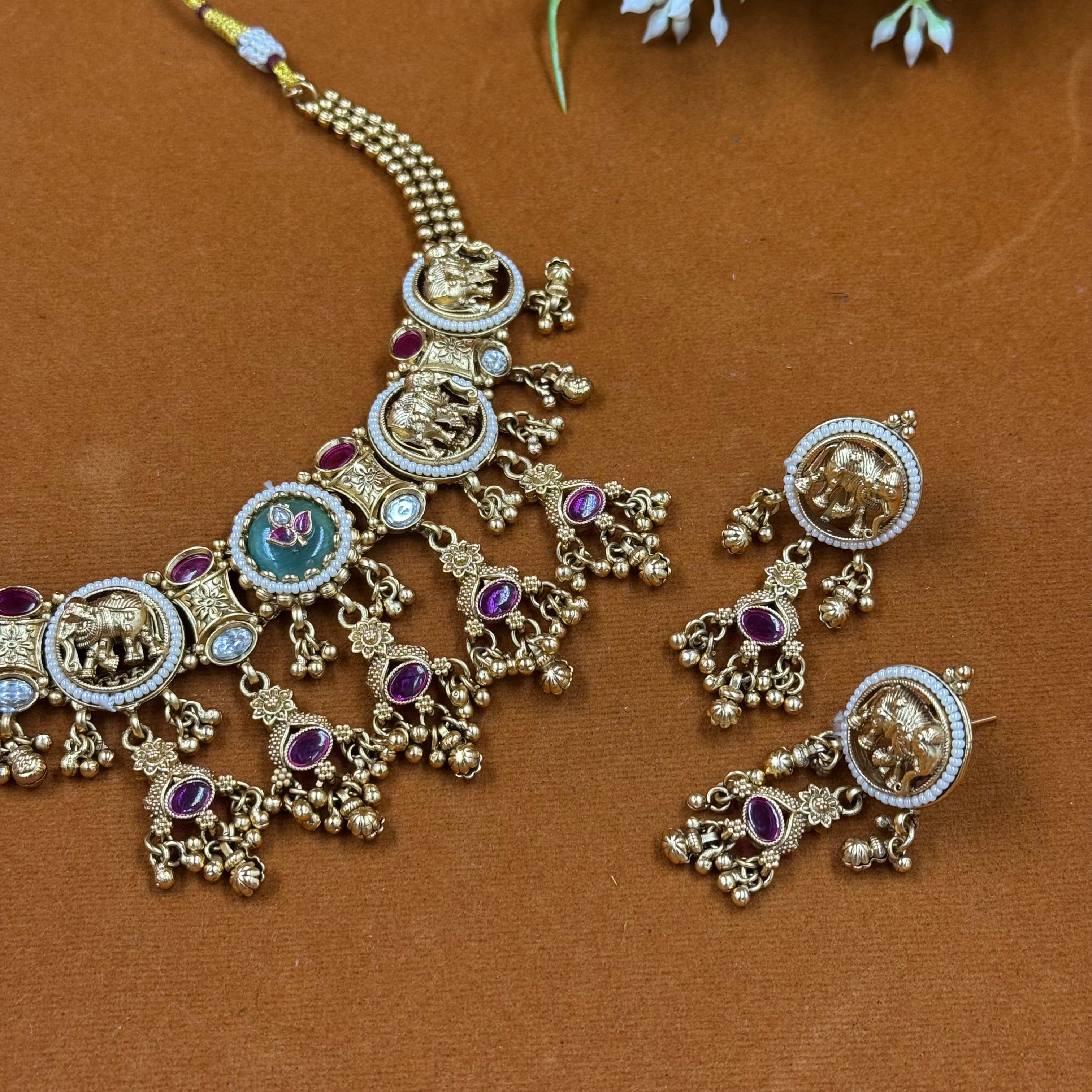 Antique Elephant Motif Polki Necklace Set
