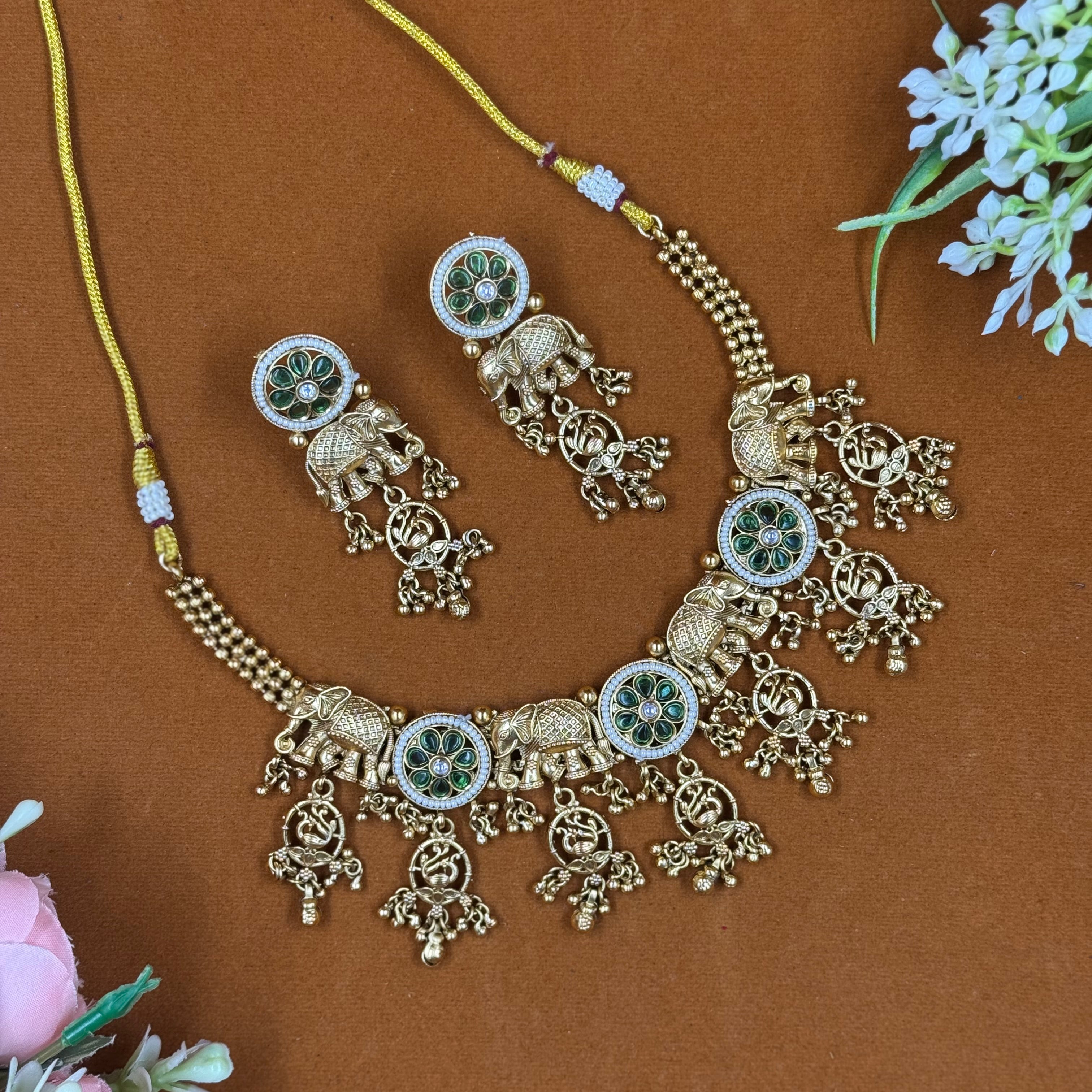 Antique Elephant Moti Green Polki Necklace Set – Royal Bridal Jewellery