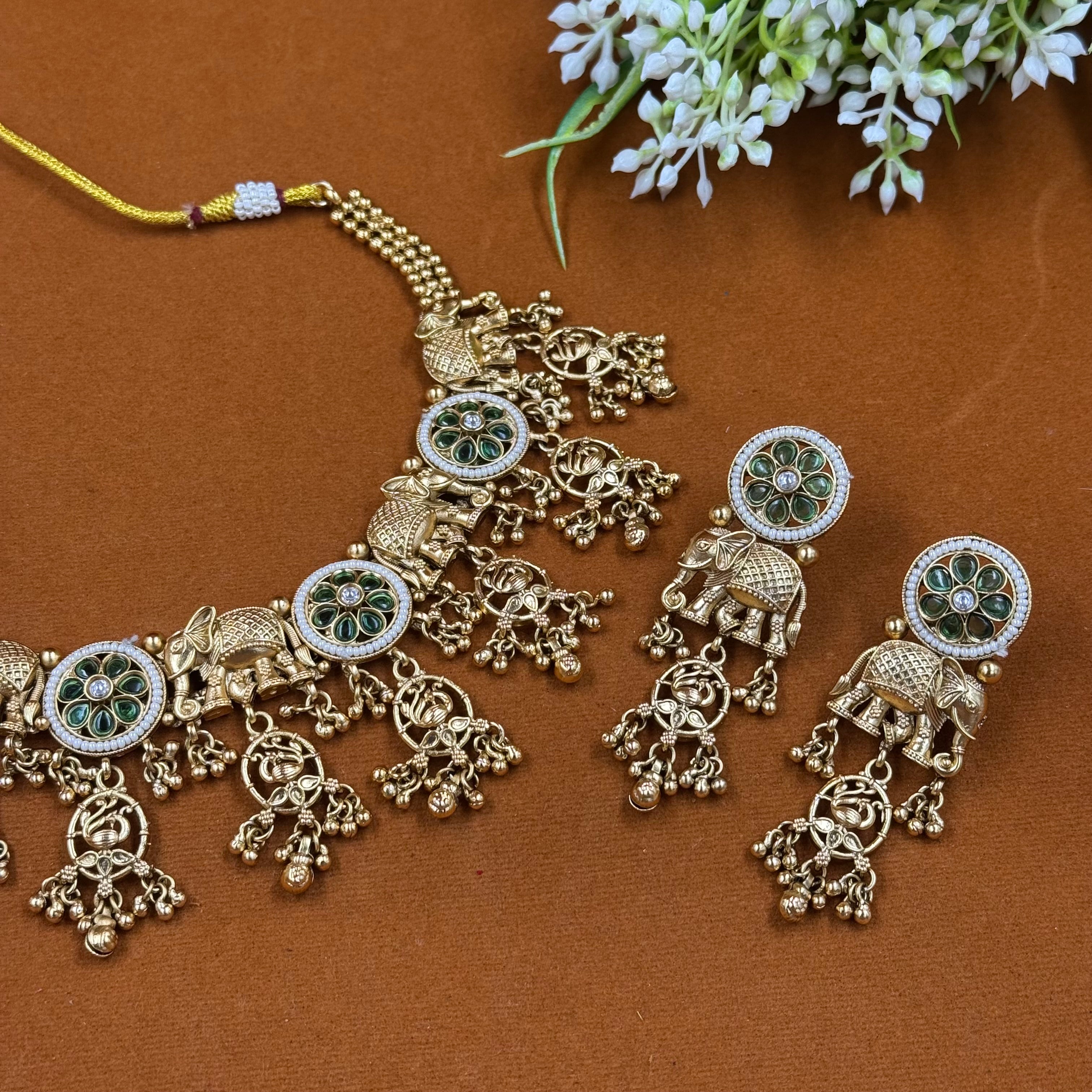 Antique Elephant Moti Green Polki Necklace Set – Royal Bridal Jewellery