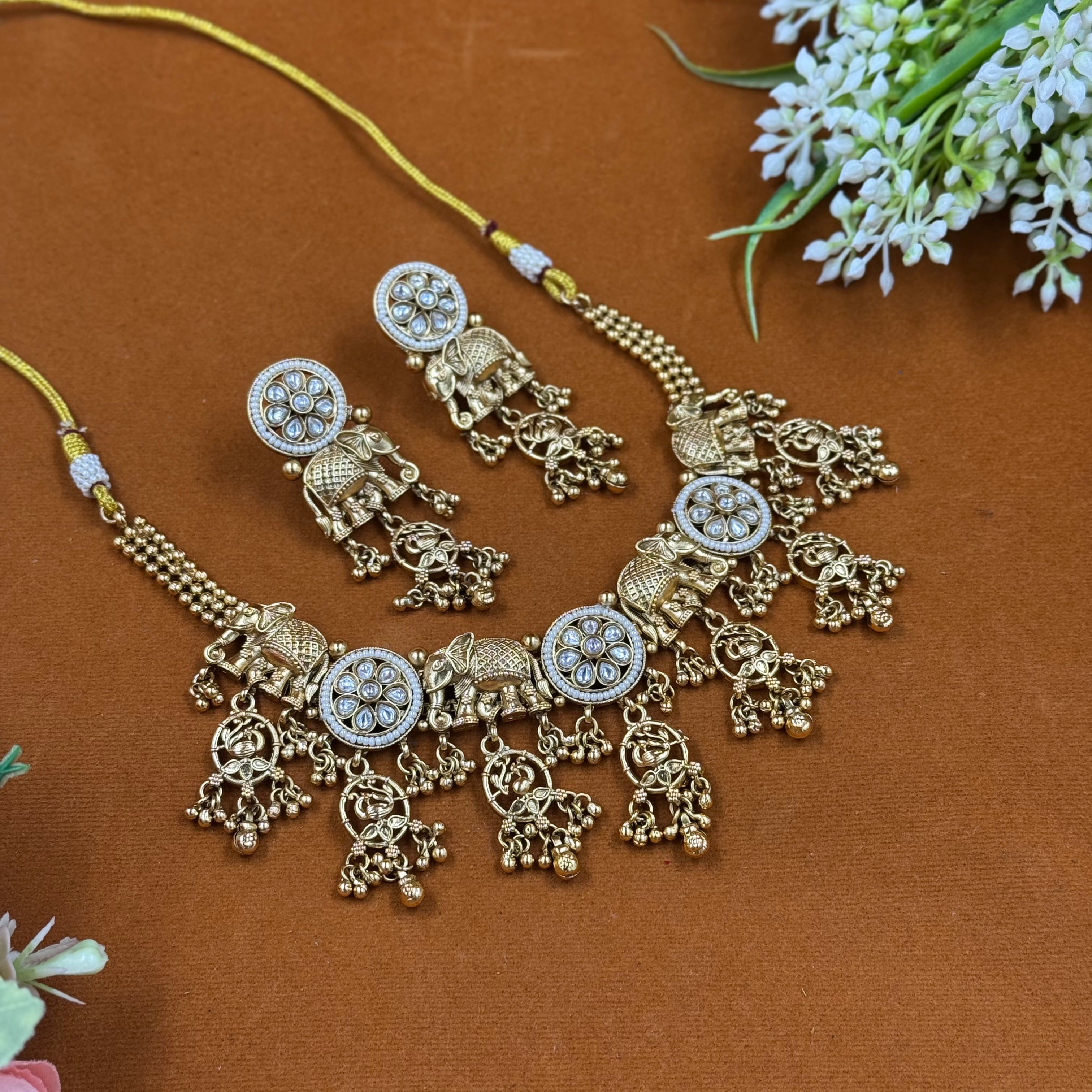 Antique Elephant Moti White Polki Necklace Set – Victorian Bridal Jewellery