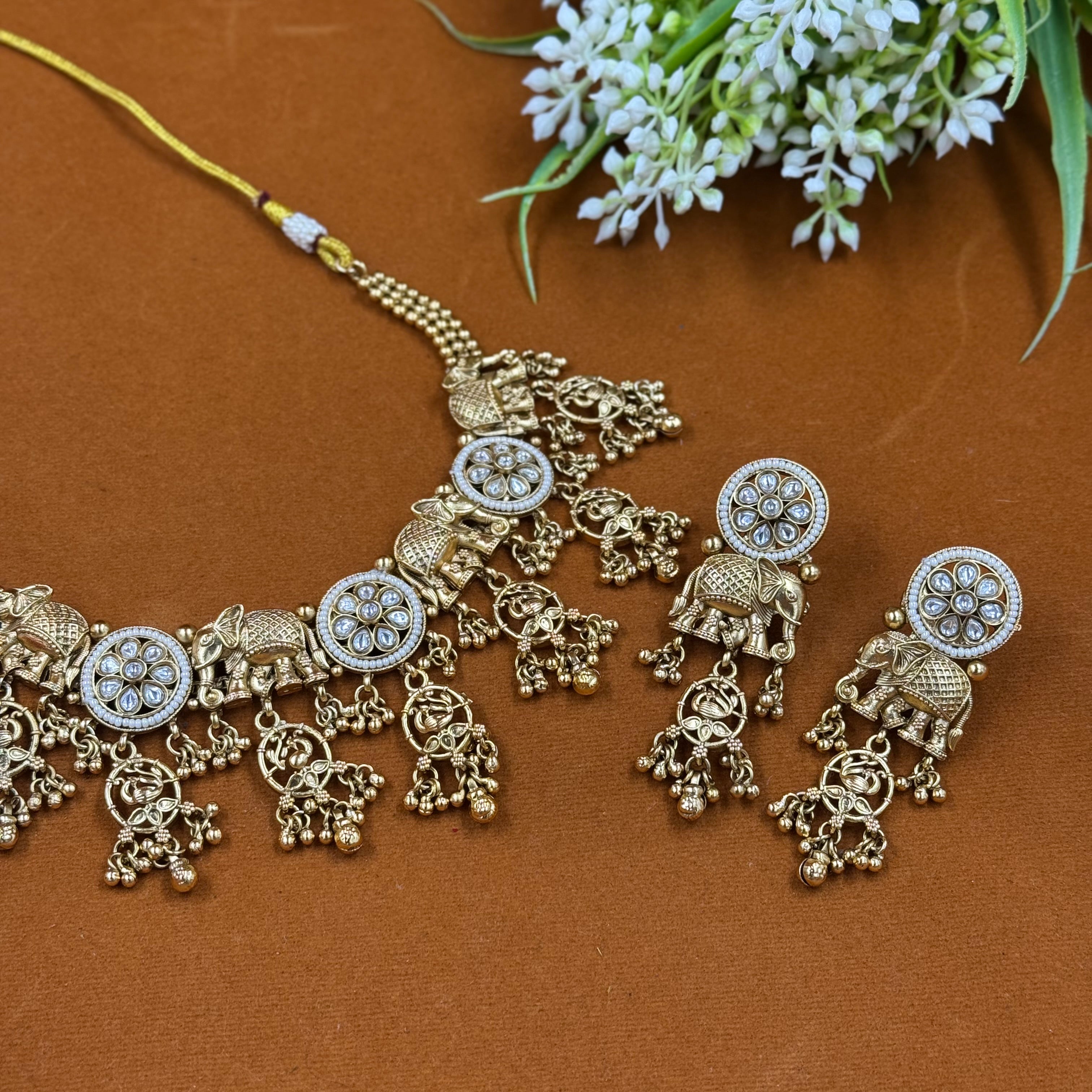 Antique Elephant Moti White Polki Necklace Set – Victorian Bridal Jewellery