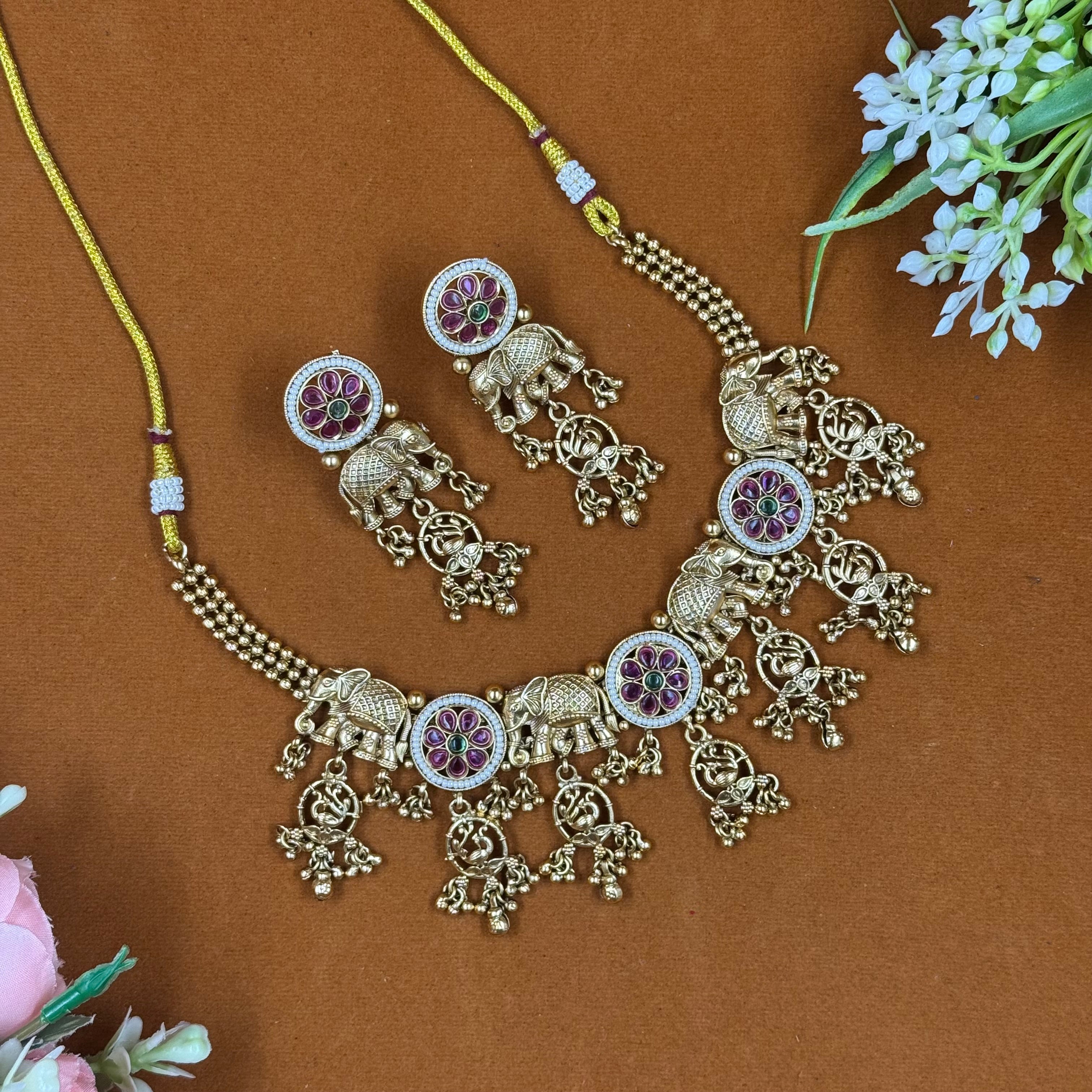 Antique Elephant Motif Green Ruby Polki Necklace Set – Heritage Bridal Jewellery