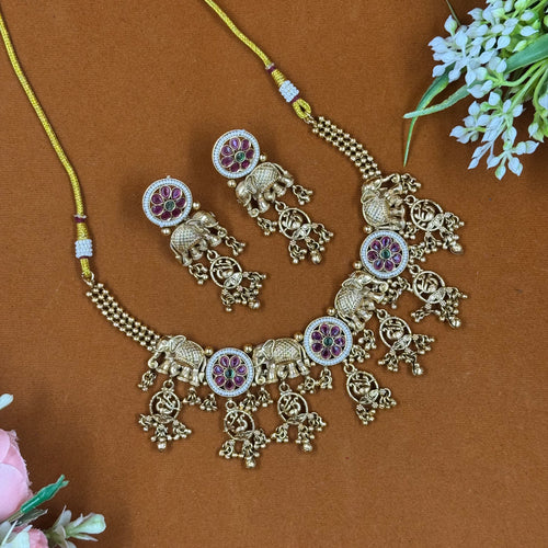 Antique Elephant Motif Green Ruby Polki Necklace Set – Heritage Bridal Jewellery