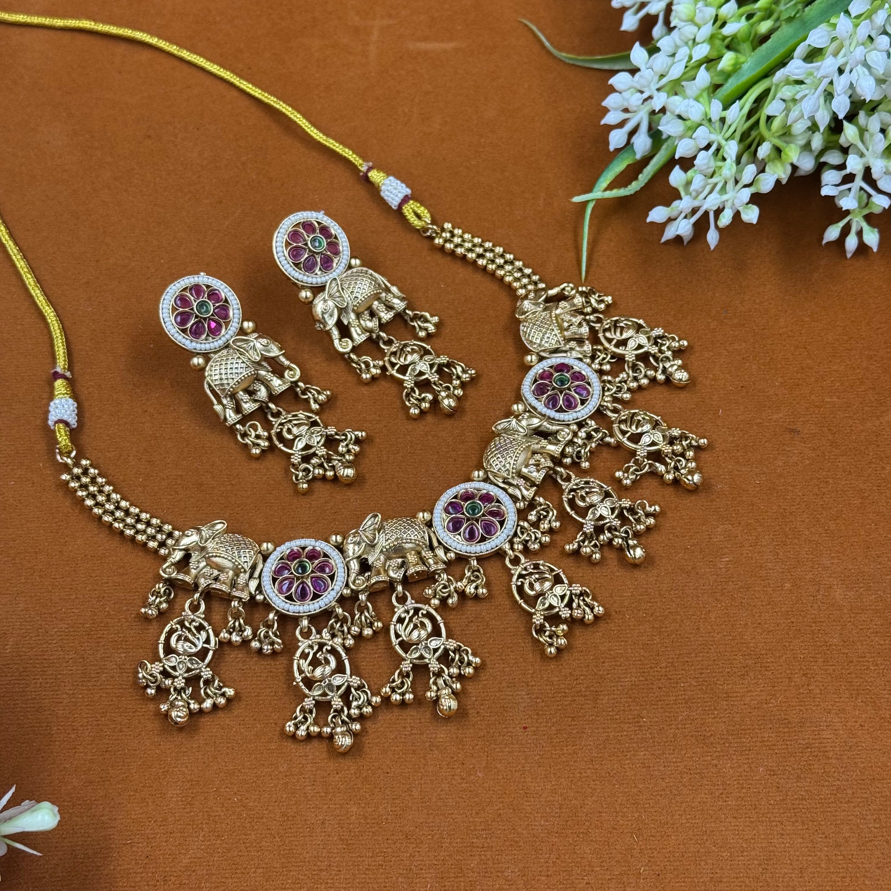 Antique Elephant Motif Green Ruby Polki Necklace Set – Heritage Bridal Jewellery