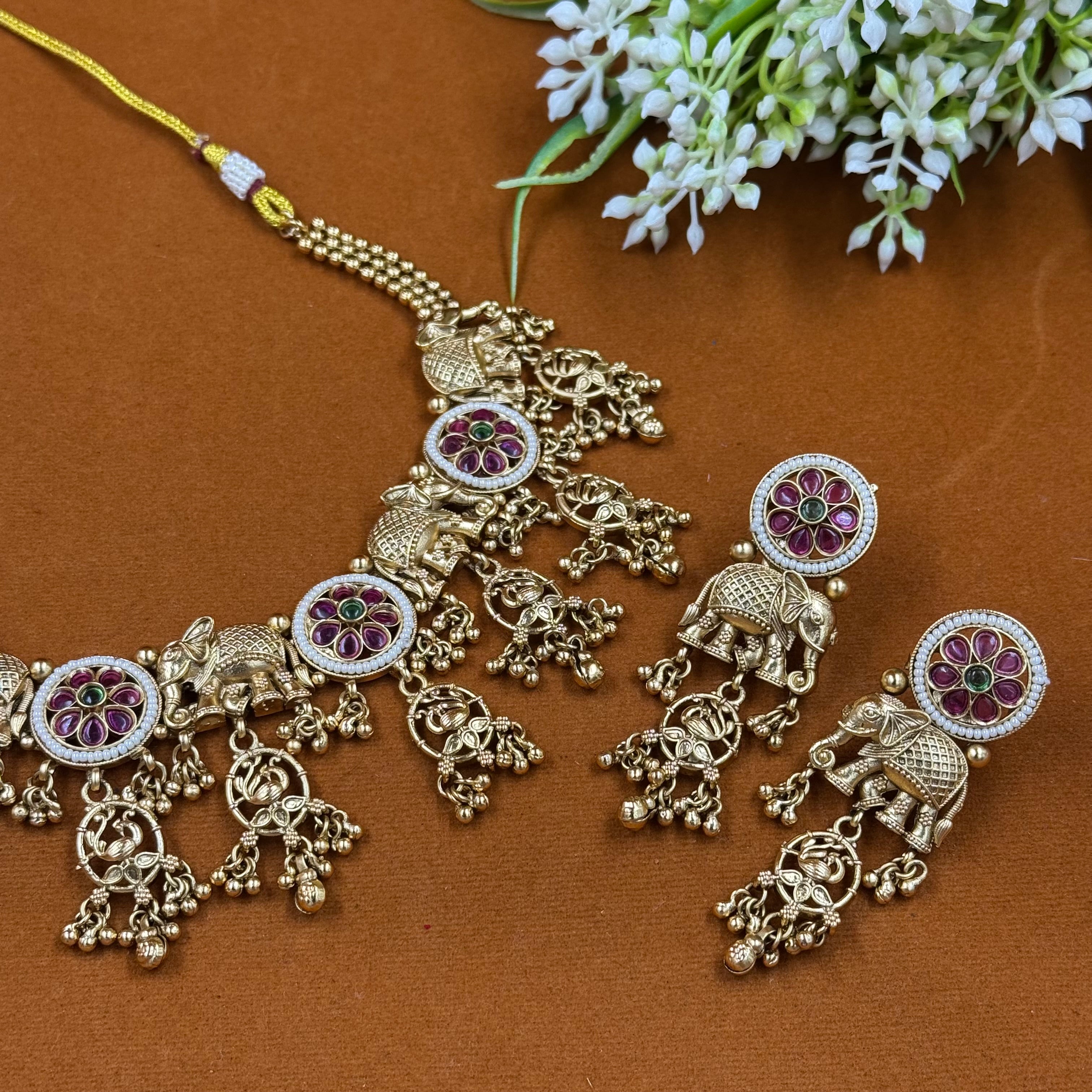 Antique Elephant Motif Green Ruby Polki Necklace Set – Heritage Bridal Jewellery