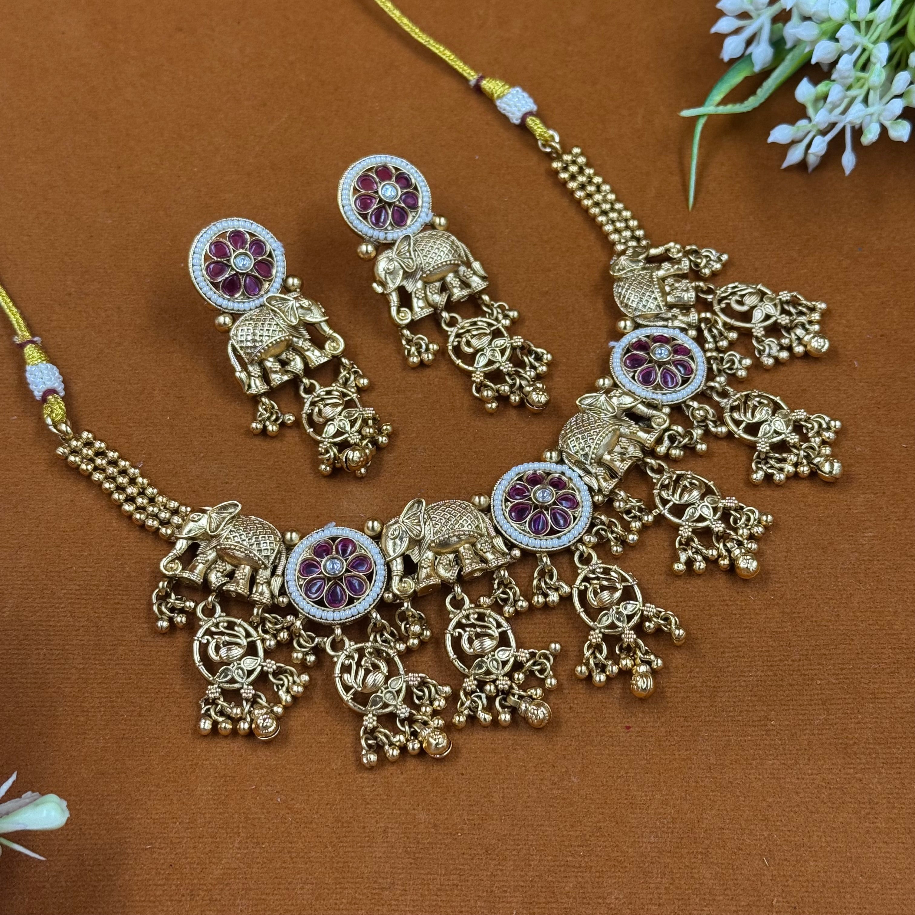 Antique Elephant Moti Ruby Polki Necklace Set – Royal Bridal Statement Jewellery