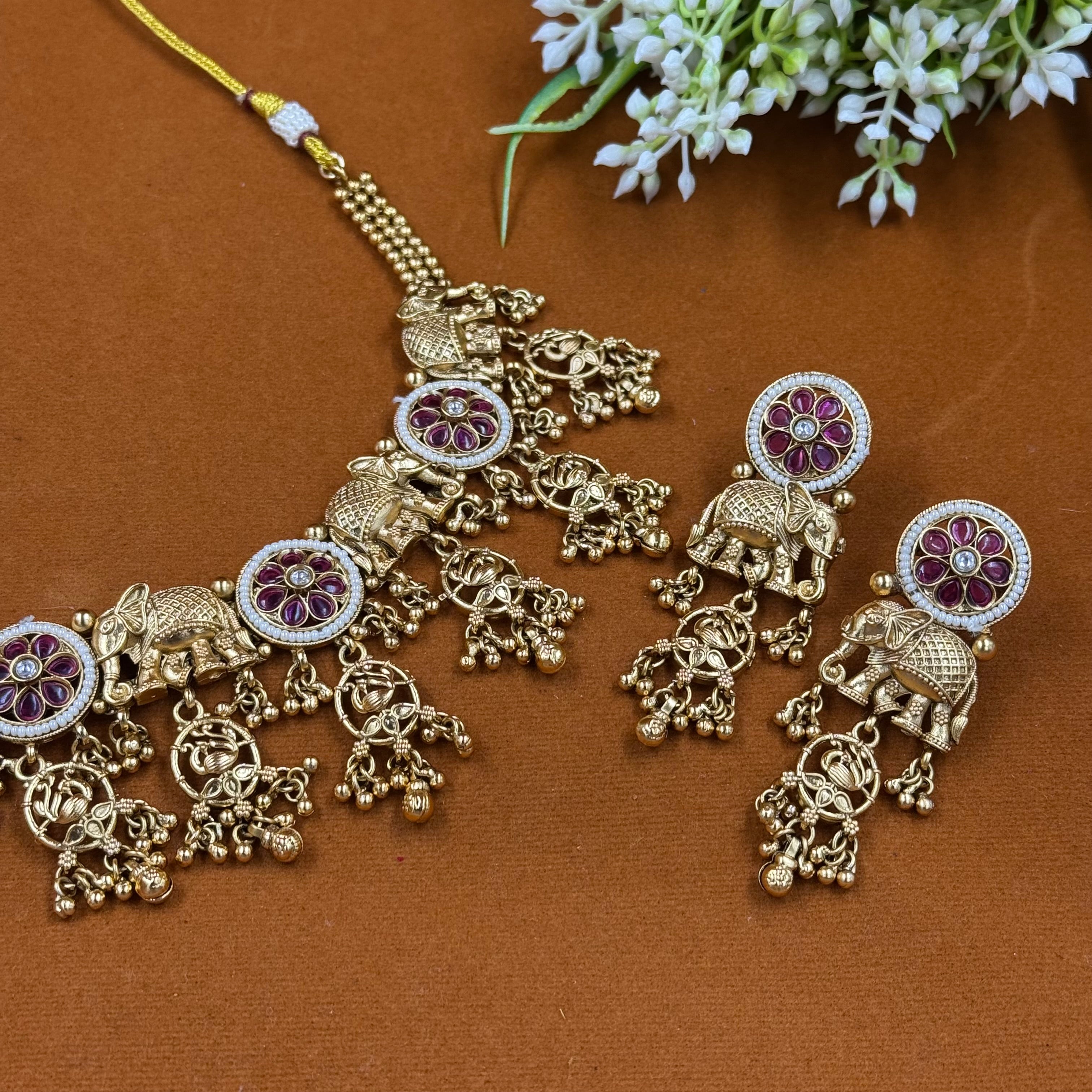 Antique Elephant Moti Ruby Polki Necklace Set – Royal Bridal Statement Jewellery
