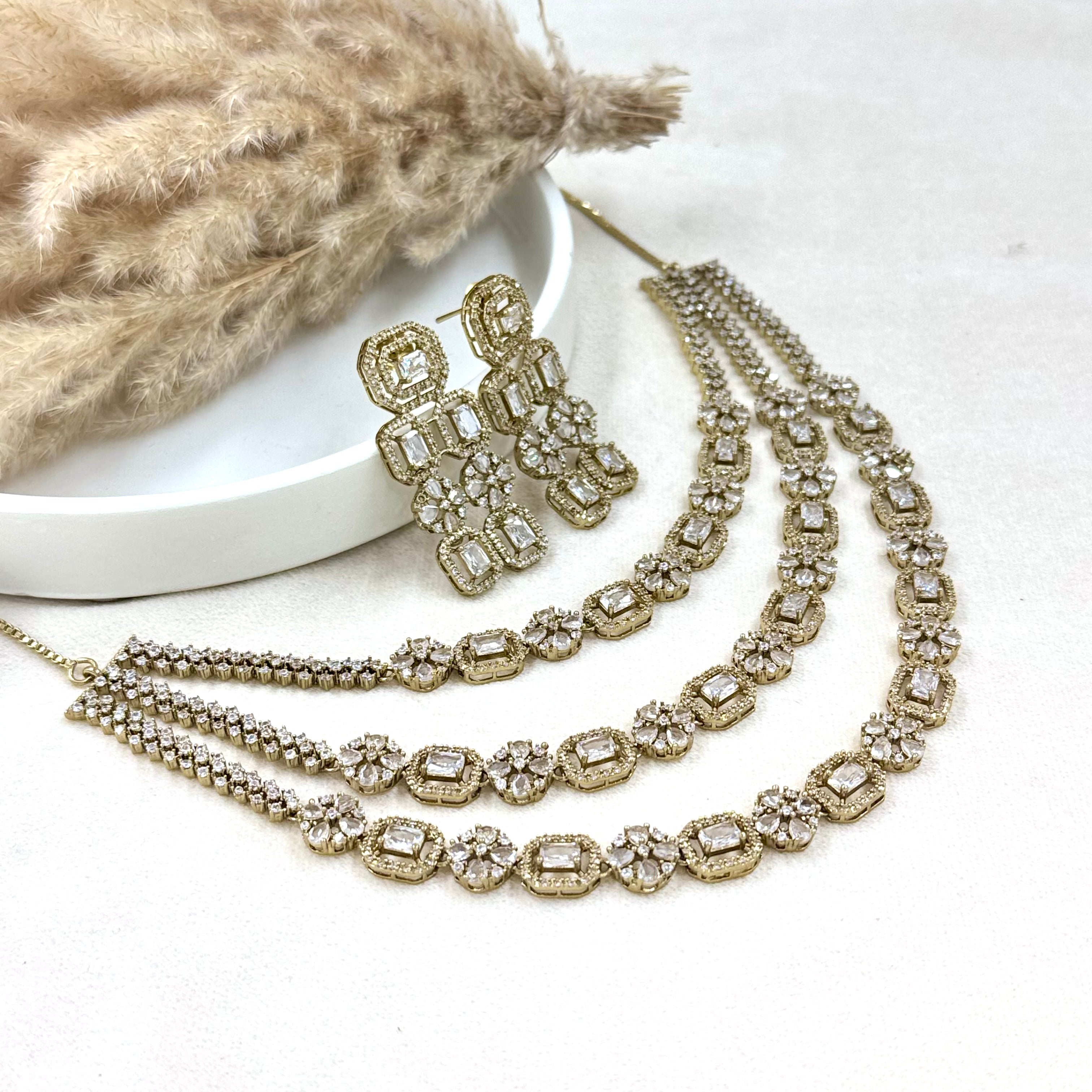 Maharani Shreya American Diamond 3 Layer Necklace Set