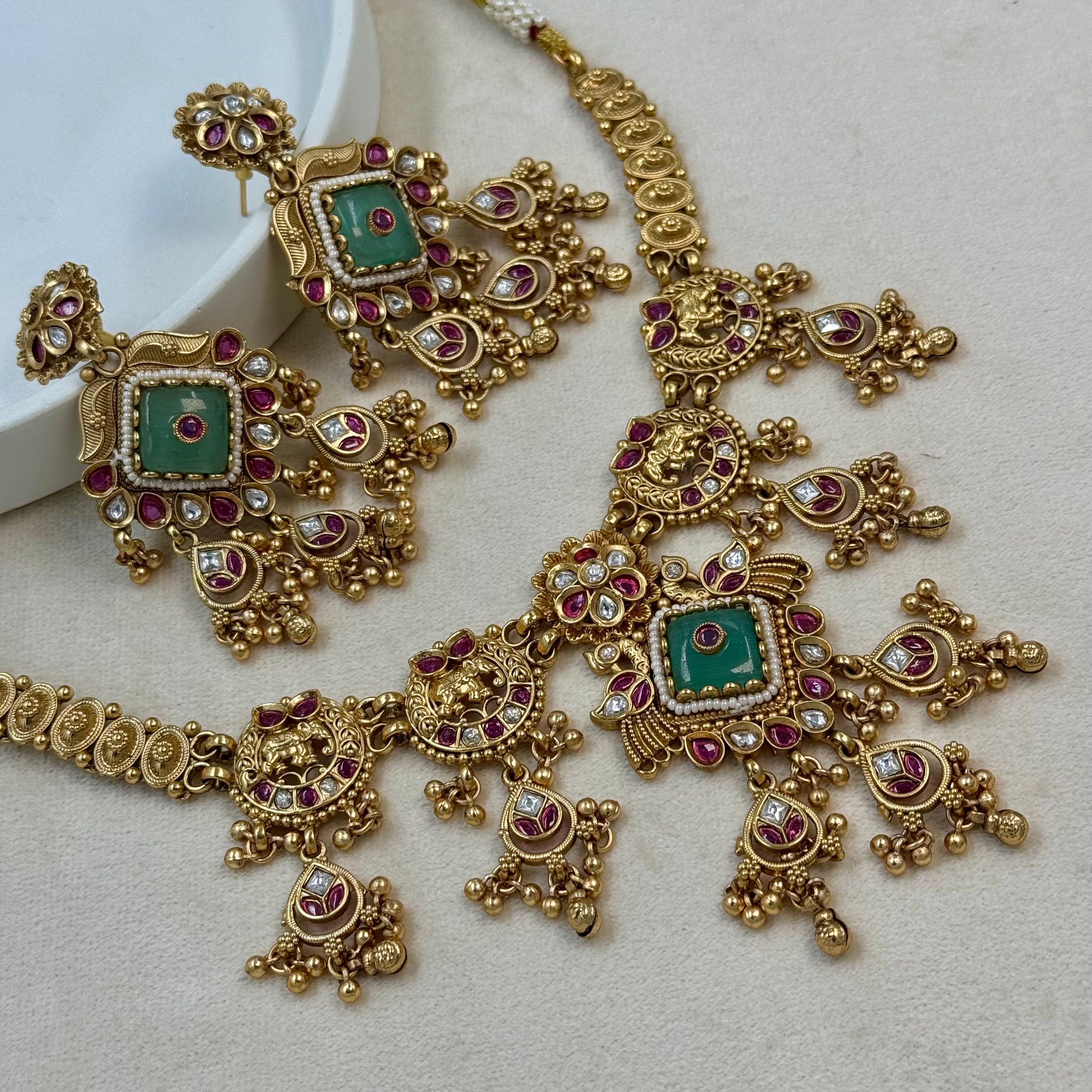 Ruhani Mint Rajwadi Kundan Necklace Set