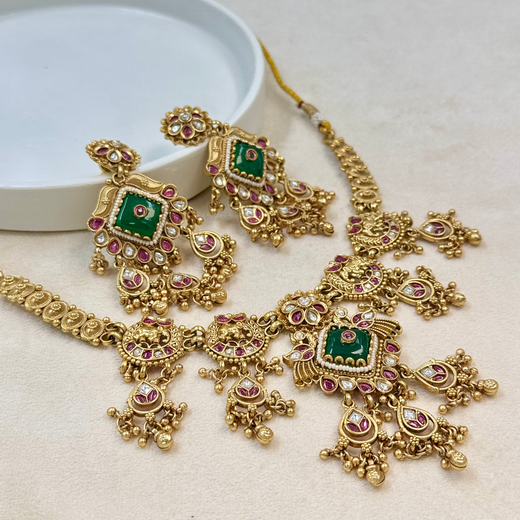 Rajratna Green Rajwadi Kundan Necklace Set