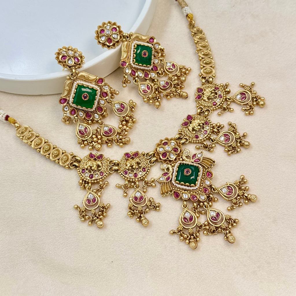 Rajratna Green Rajwadi Kundan Necklace Set