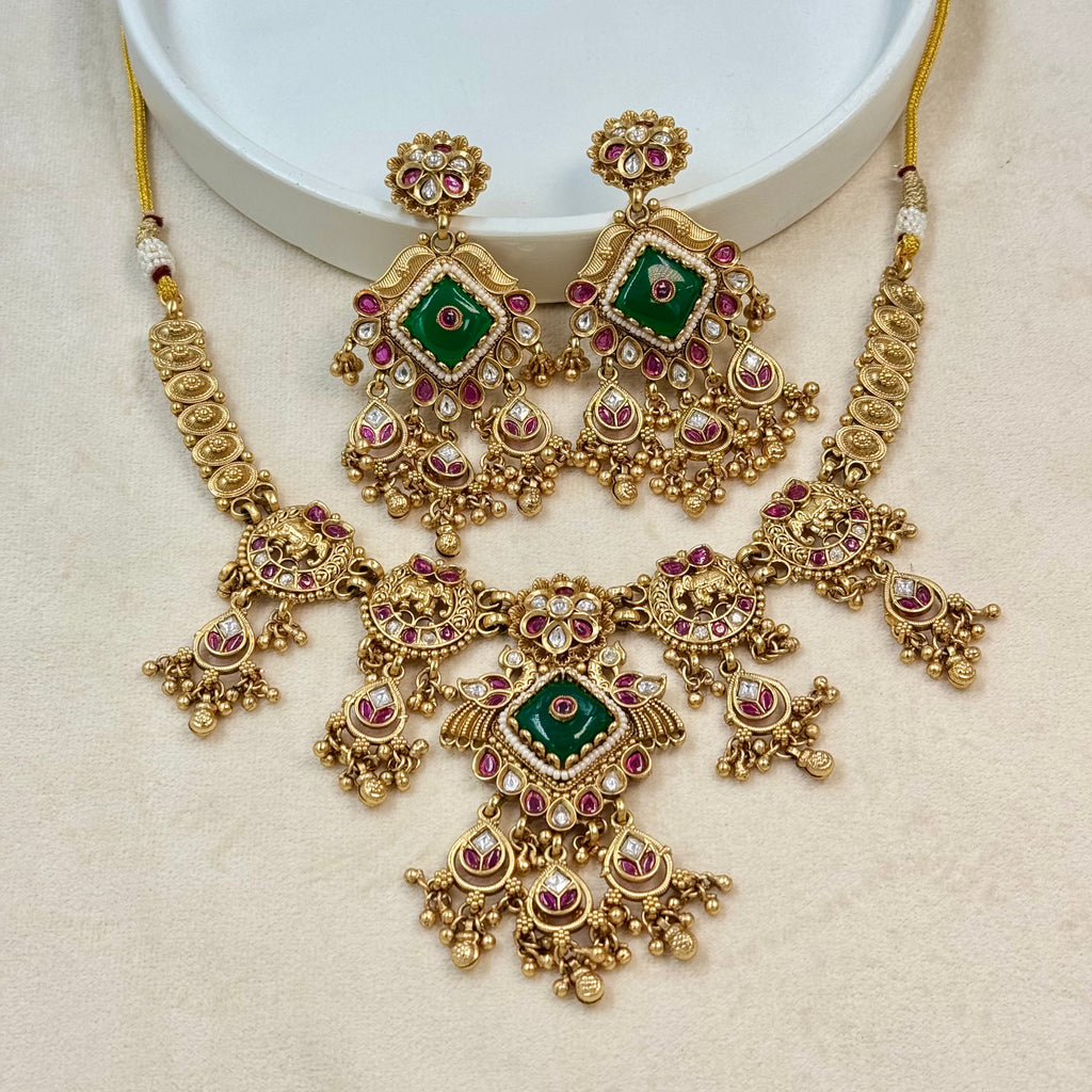Rajratna Green Rajwadi Kundan Necklace Set