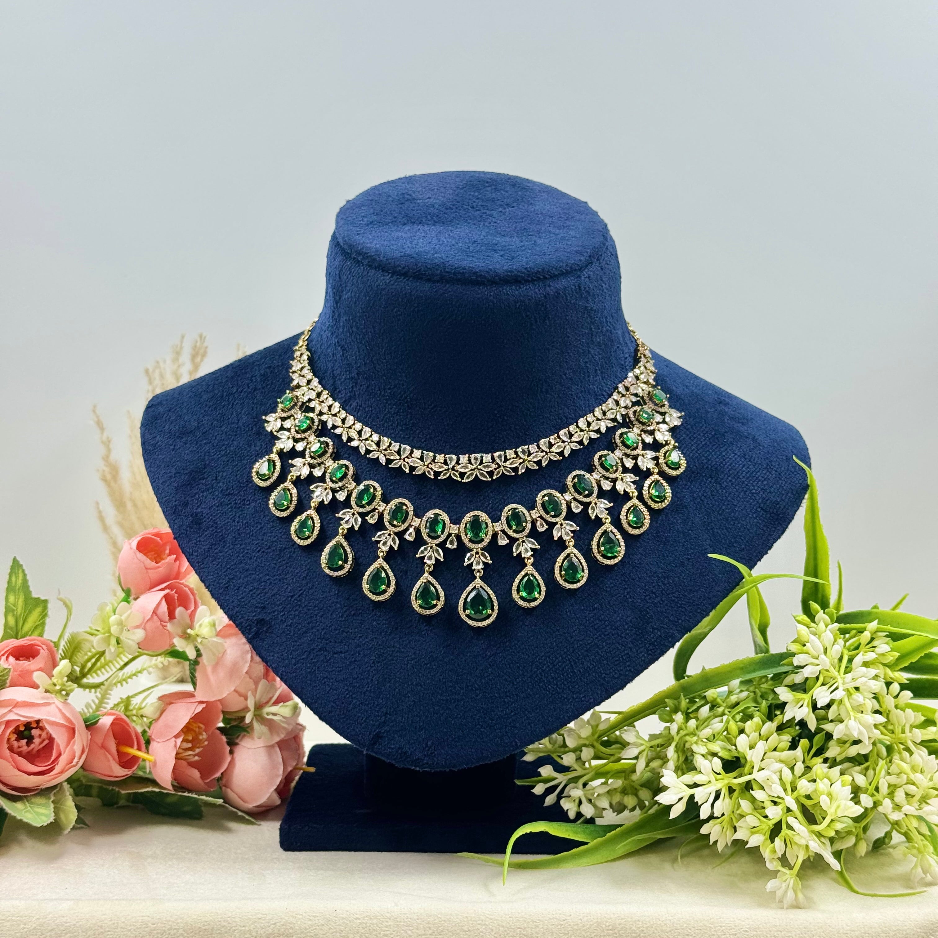Devika Green American Diamond Necklace Set