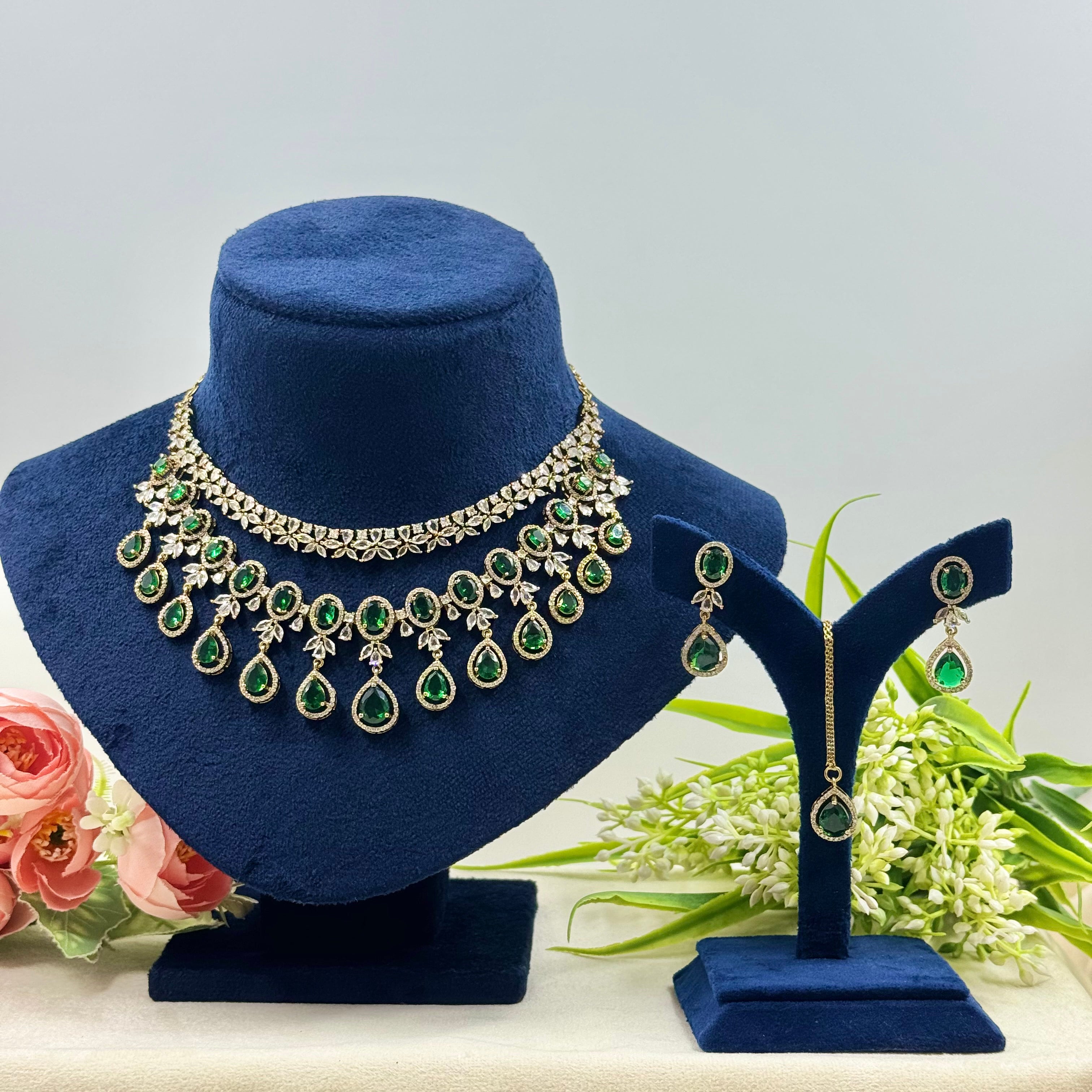 Devika Green American Diamond Necklace Set