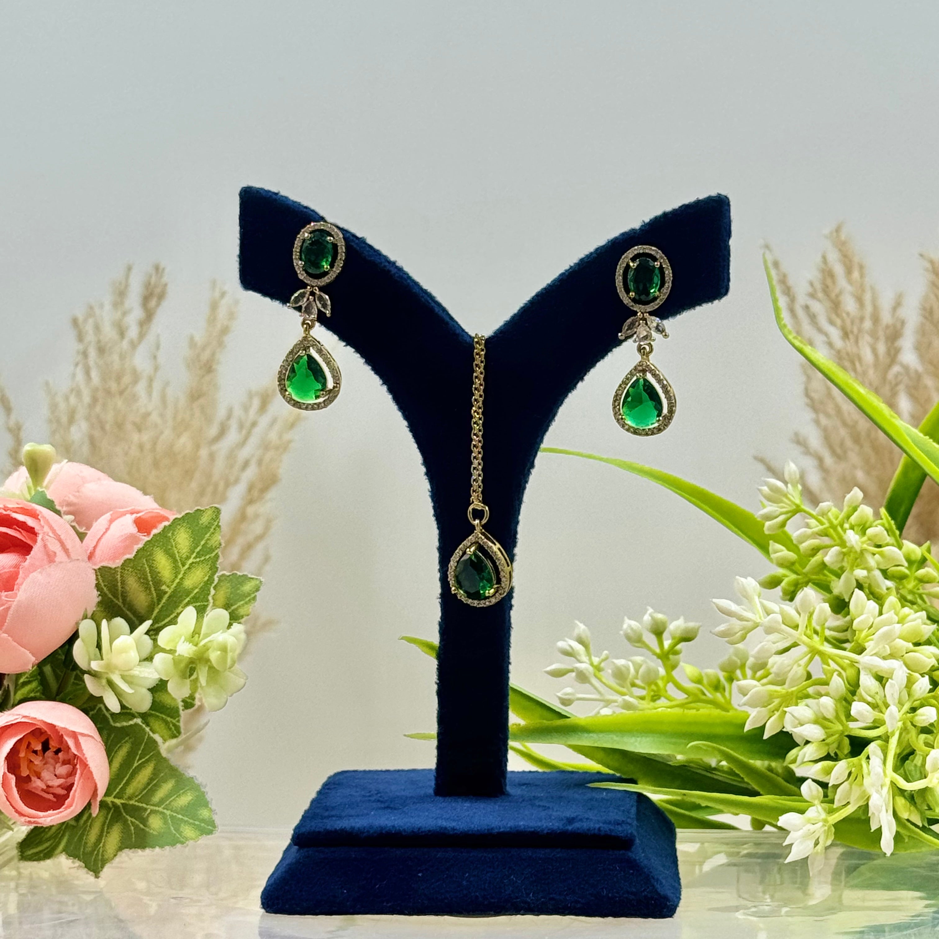 Devika Green American Diamond Necklace Set