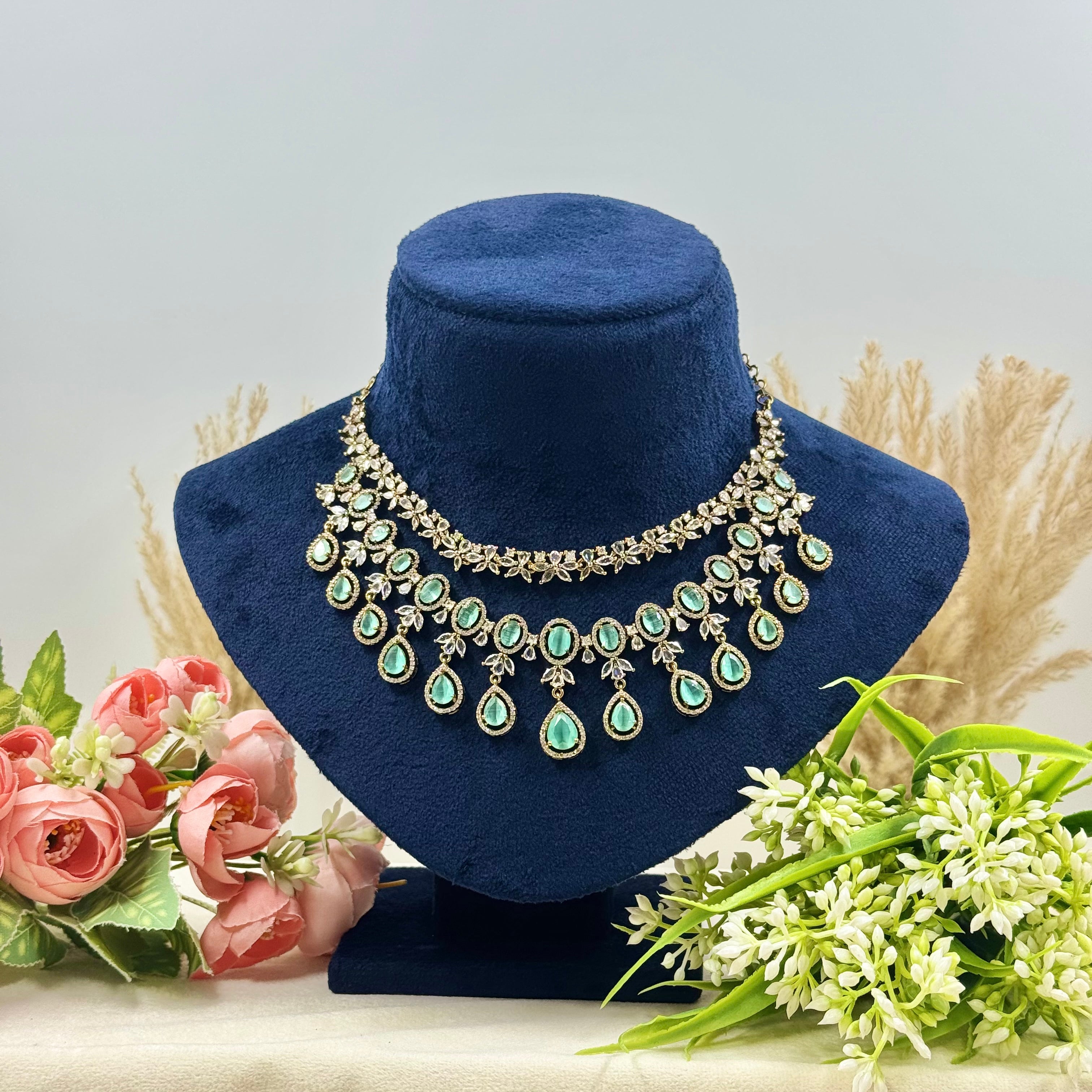 Vaidehi Mint American Diamond Necklace Set