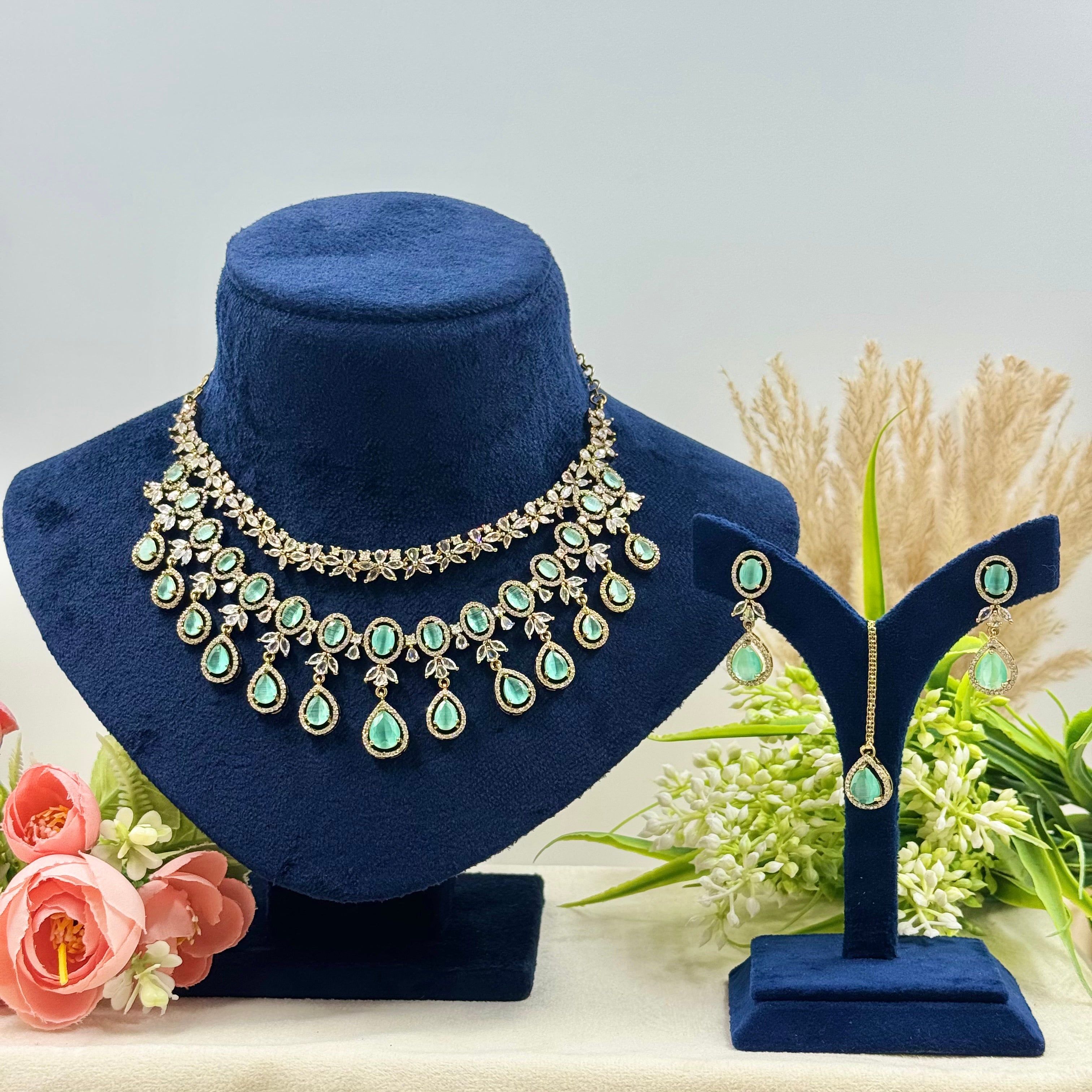 Vaidehi Mint American Diamond Necklace Set